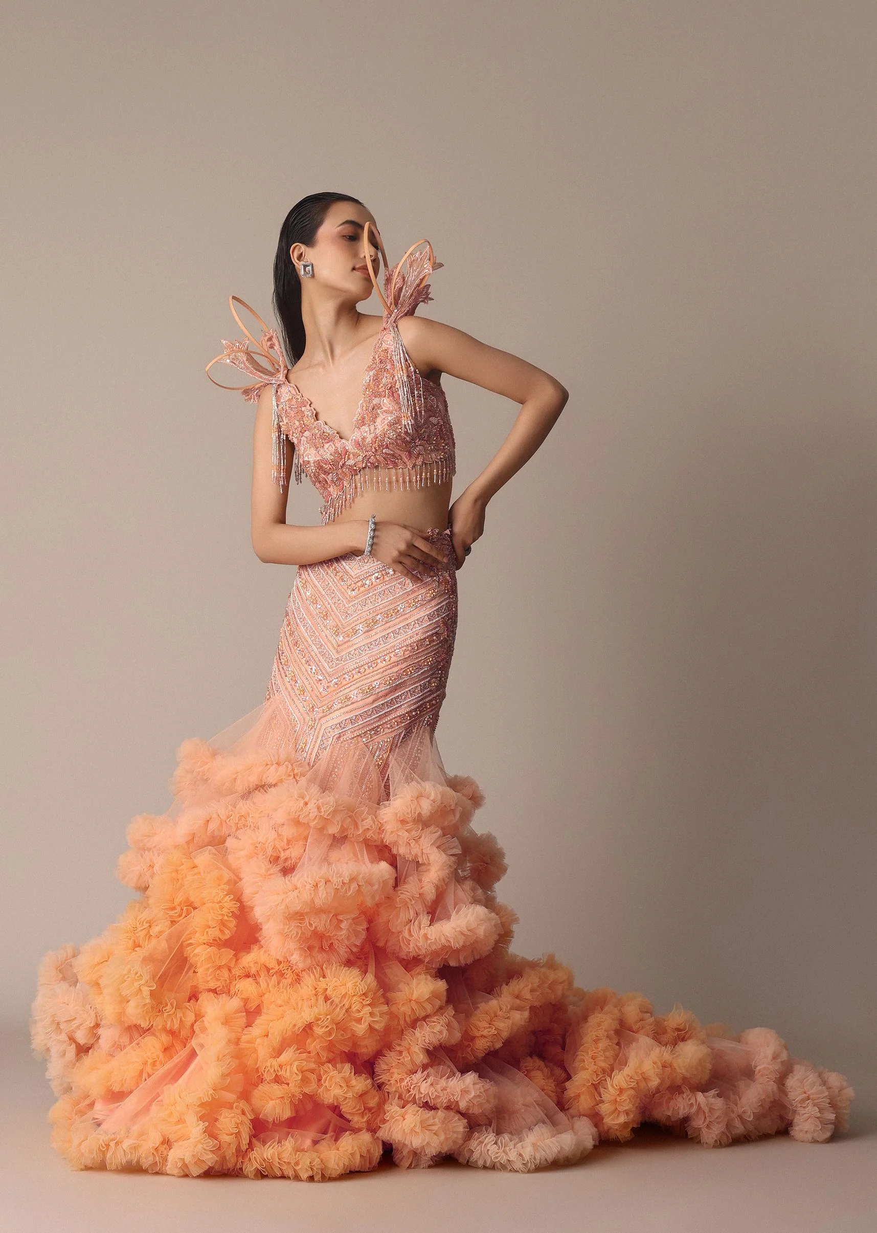 Peach Organza Cutdana Trail Lehenga With Feather Sleeve Blouse - Image 4