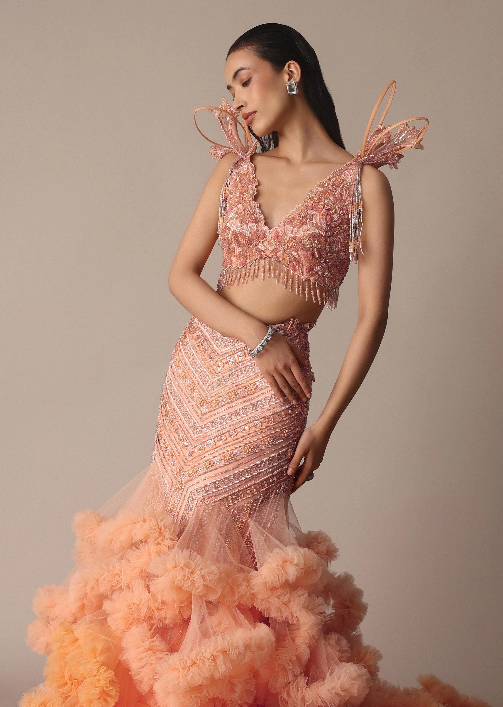 Peach Organza Cutdana Trail Lehenga With Feather Sleeve Blouse - Image 5