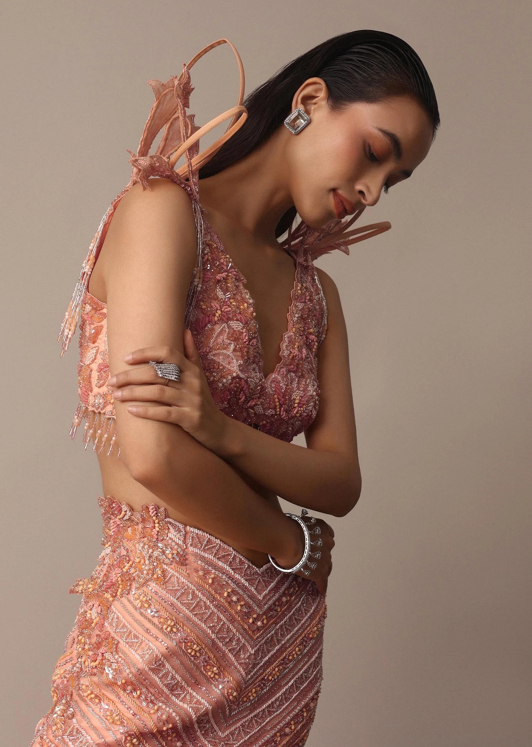 Peach Organza Cutdana Trail Lehenga With Feather Sleeve Blouse - Image 7