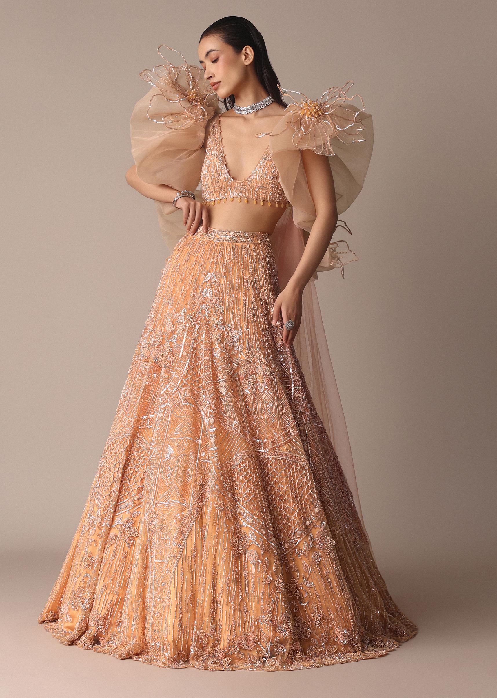 Peach Zardosi Lehenga With Dramatic Net Sleeves Blouse - Image 5