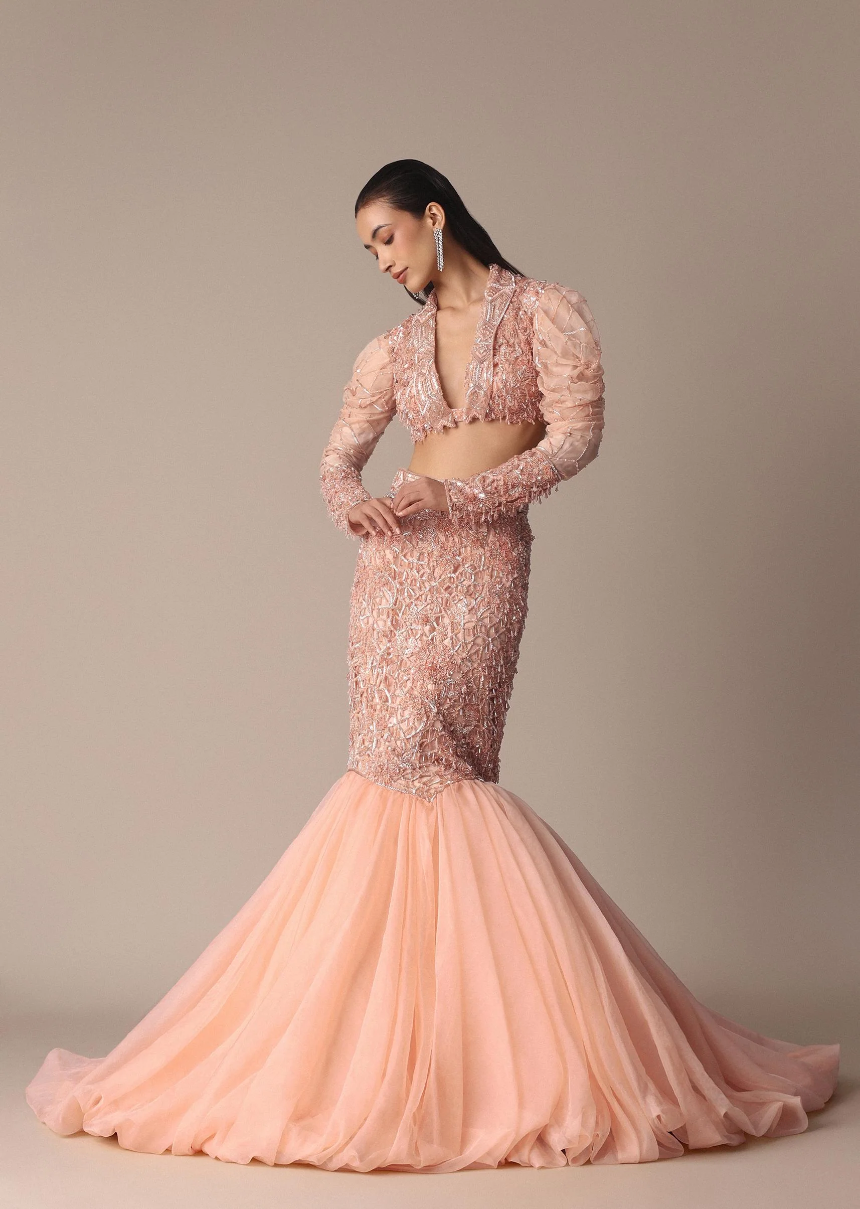 Peach Zardosi Fishcut Skirt With Embroidered Short Sleeve Jacket - Image 2