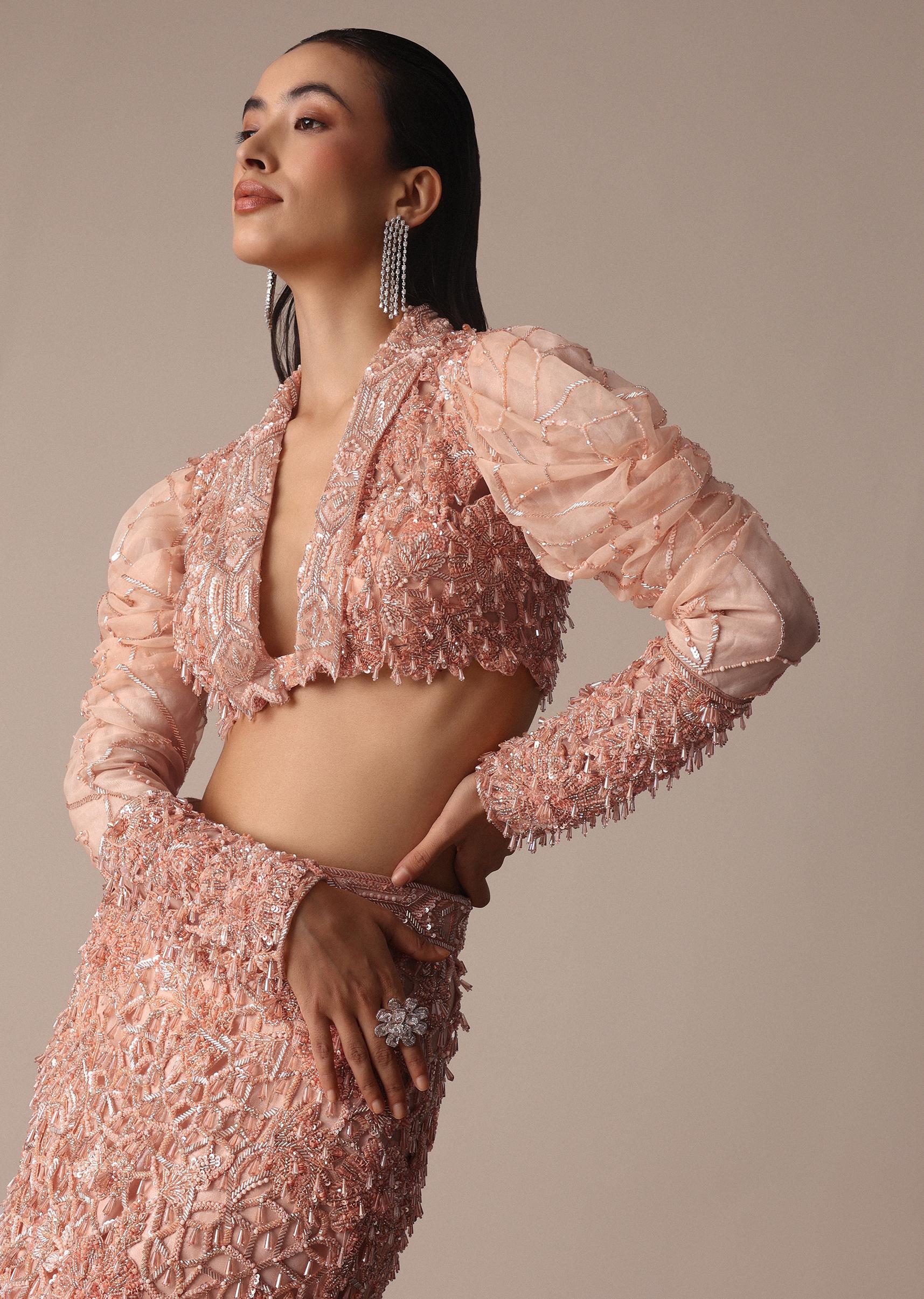 Peach Zardosi Fishcut Skirt With Embroidered Short Sleeve Jacket - Image 3