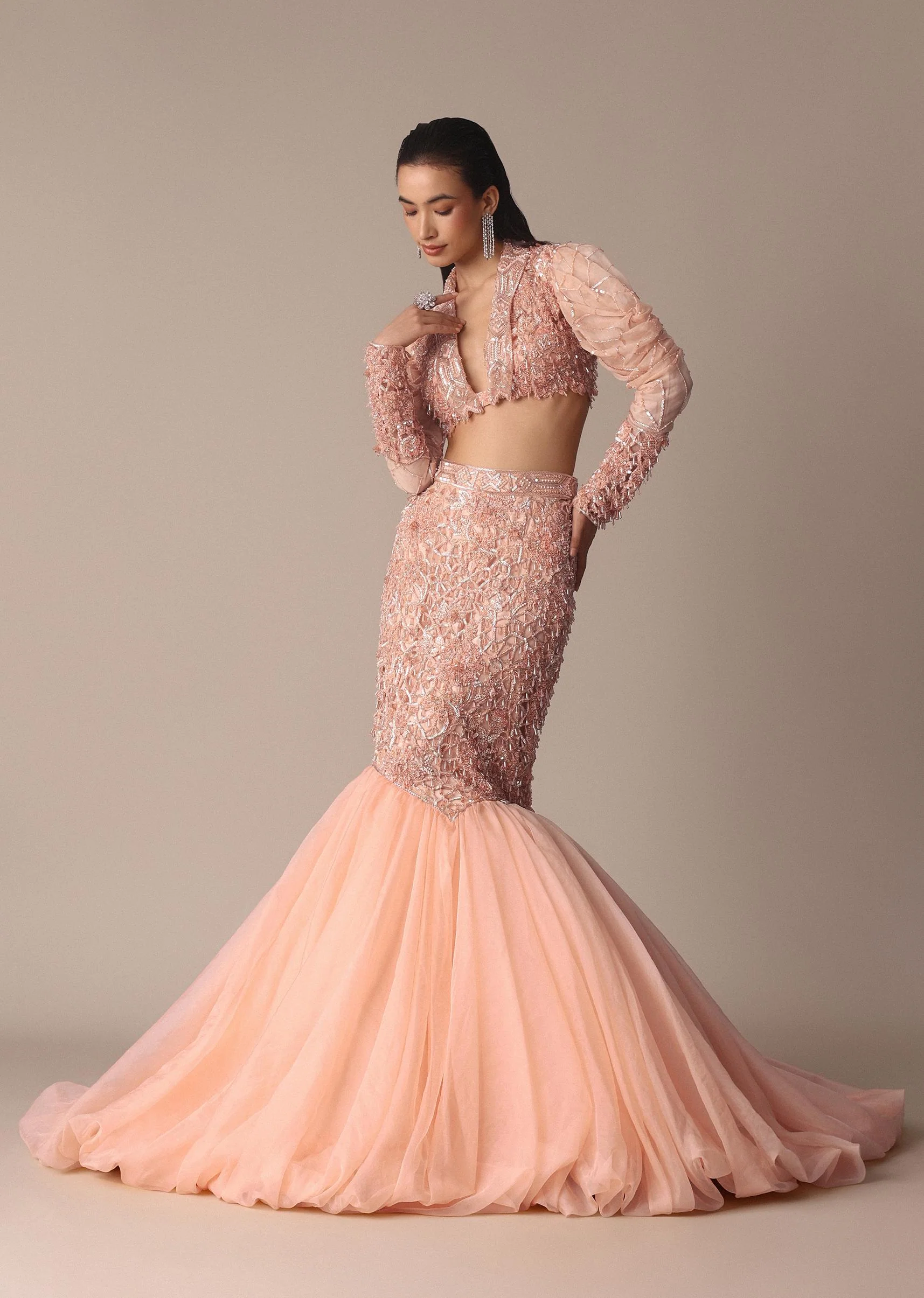 Peach Zardosi Fishcut Skirt With Embroidered Short Sleeve Jacket - Image 4