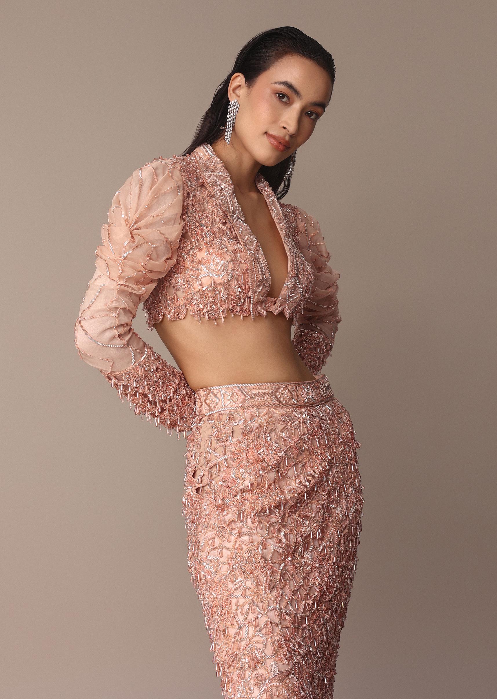 Peach Zardosi Fishcut Skirt With Embroidered Short Sleeve Jacket - Image 5