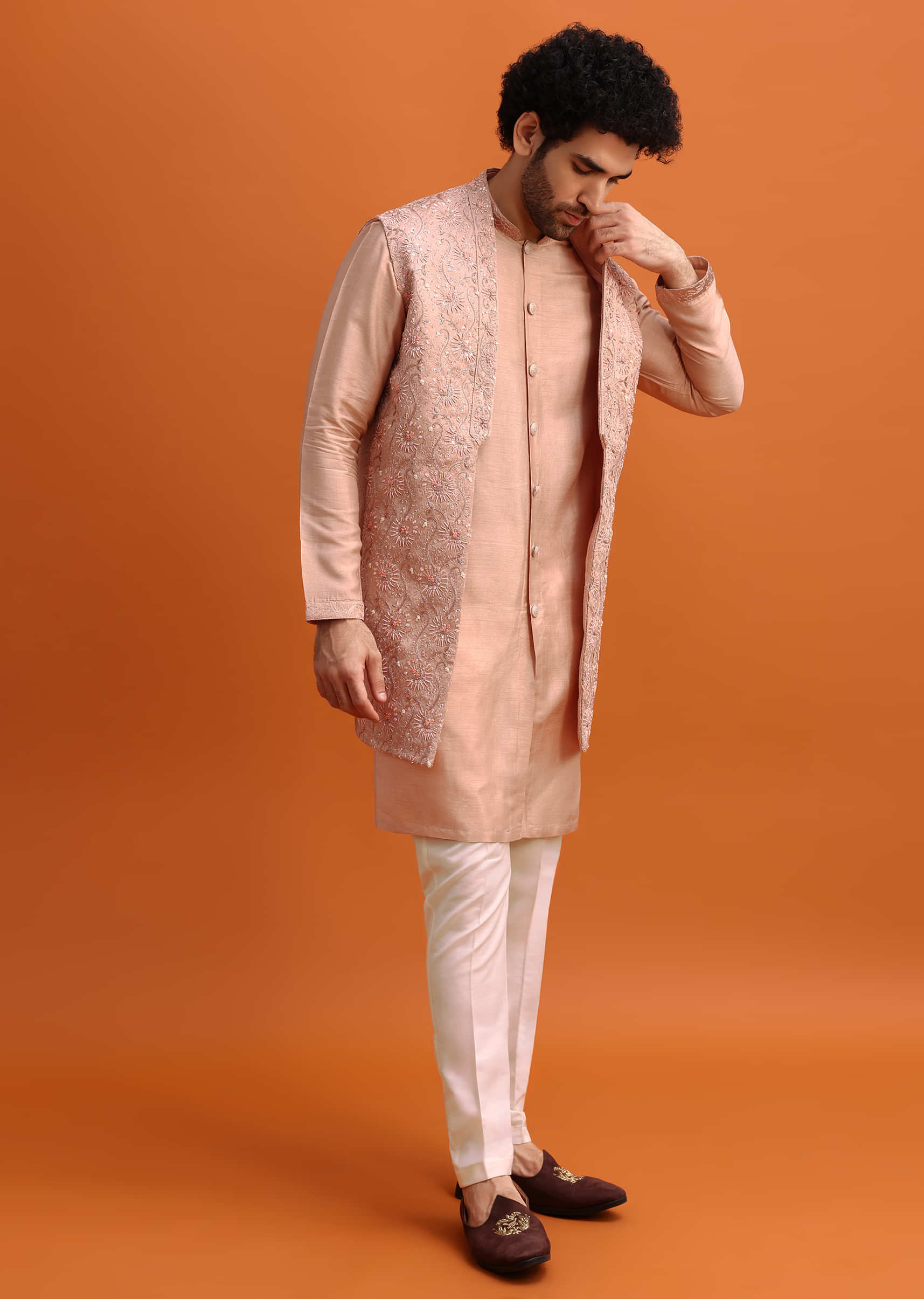 Peach Embroidered Kurta Jacket Set For Men - Image 3