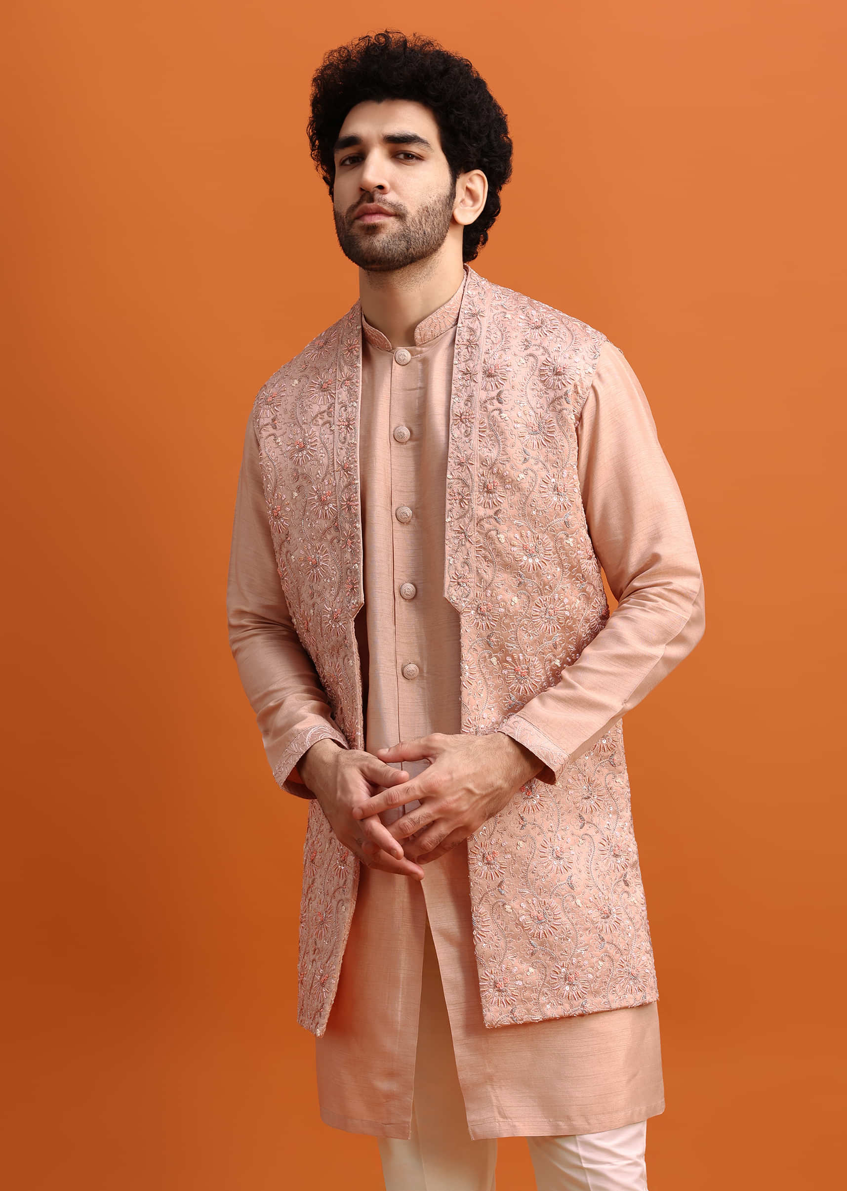 Peach Embroidered Kurta Jacket Set For Men - Image 4