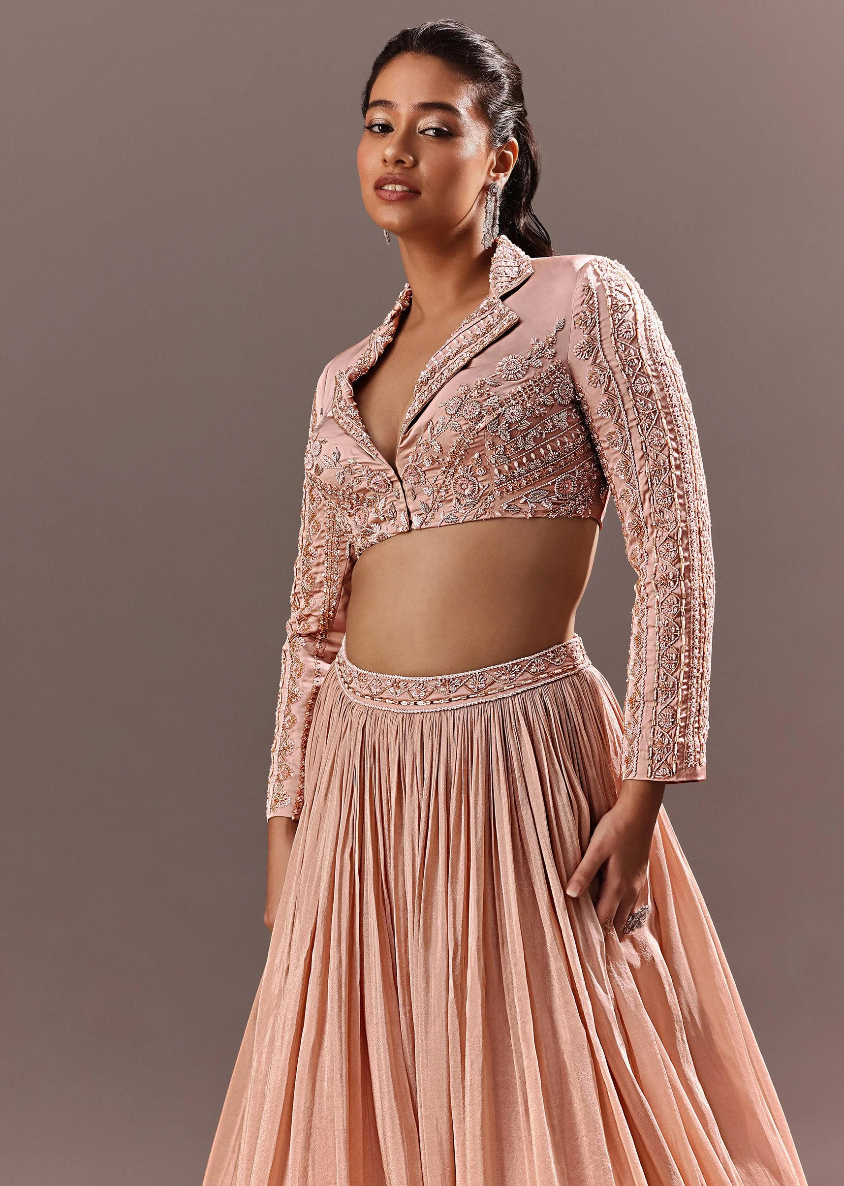 Peach Embroidered Ruched Lehenga With Collar Neck Blouse And Dupatta - Image 4