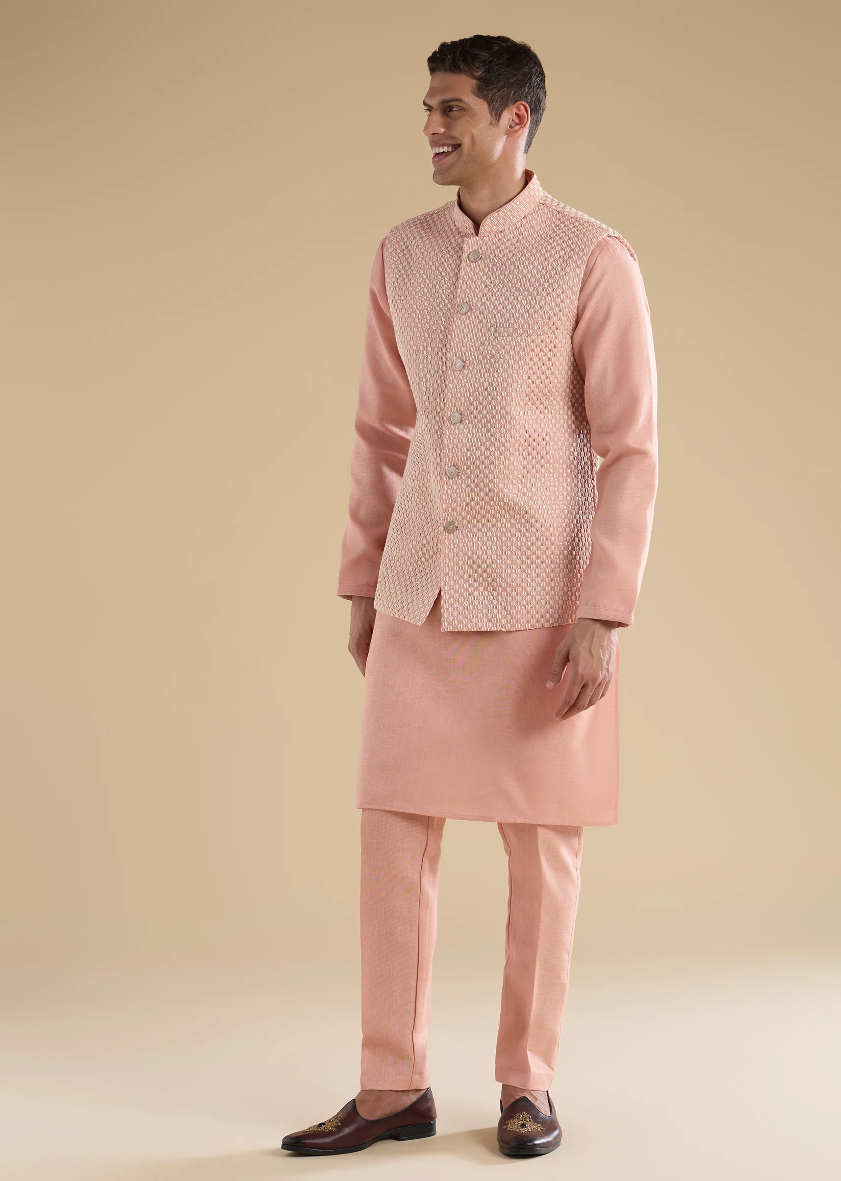 Peach Embroidered Silk An Kurta Jacket Set - Image 2