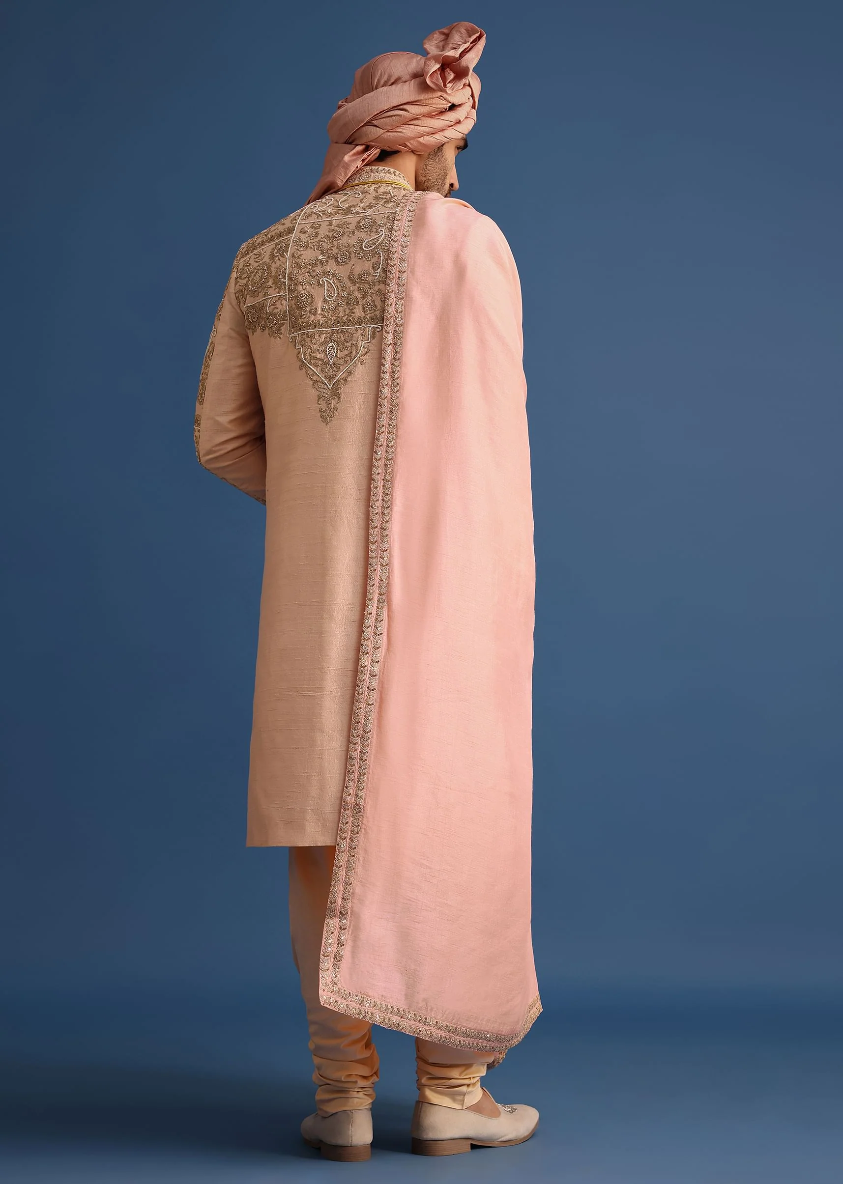 Peach Embroidered Silk Sherwani Suit - Image 6
