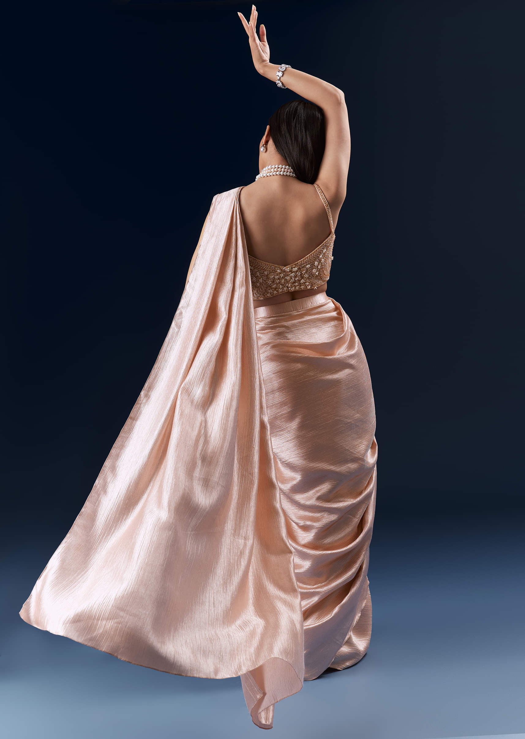 Peach Fancy Ready Pleated Saree With Embroidery - Image 2