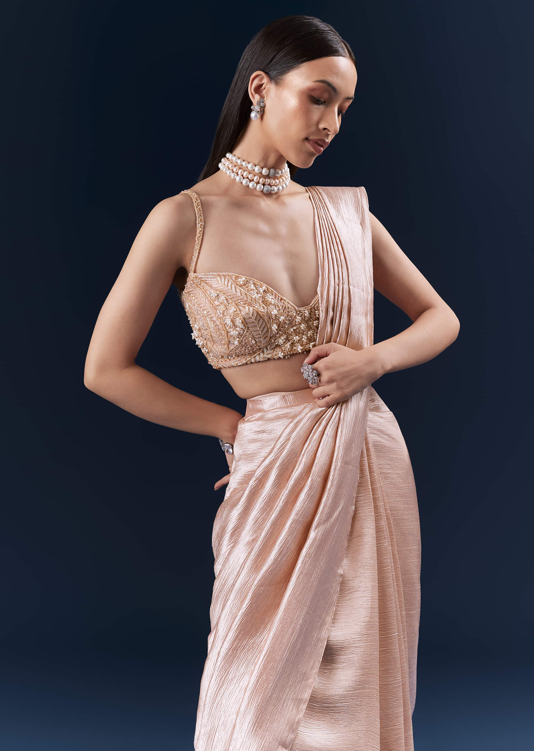 Peach Fancy Ready Pleated Saree With Embroidery - Image 3
