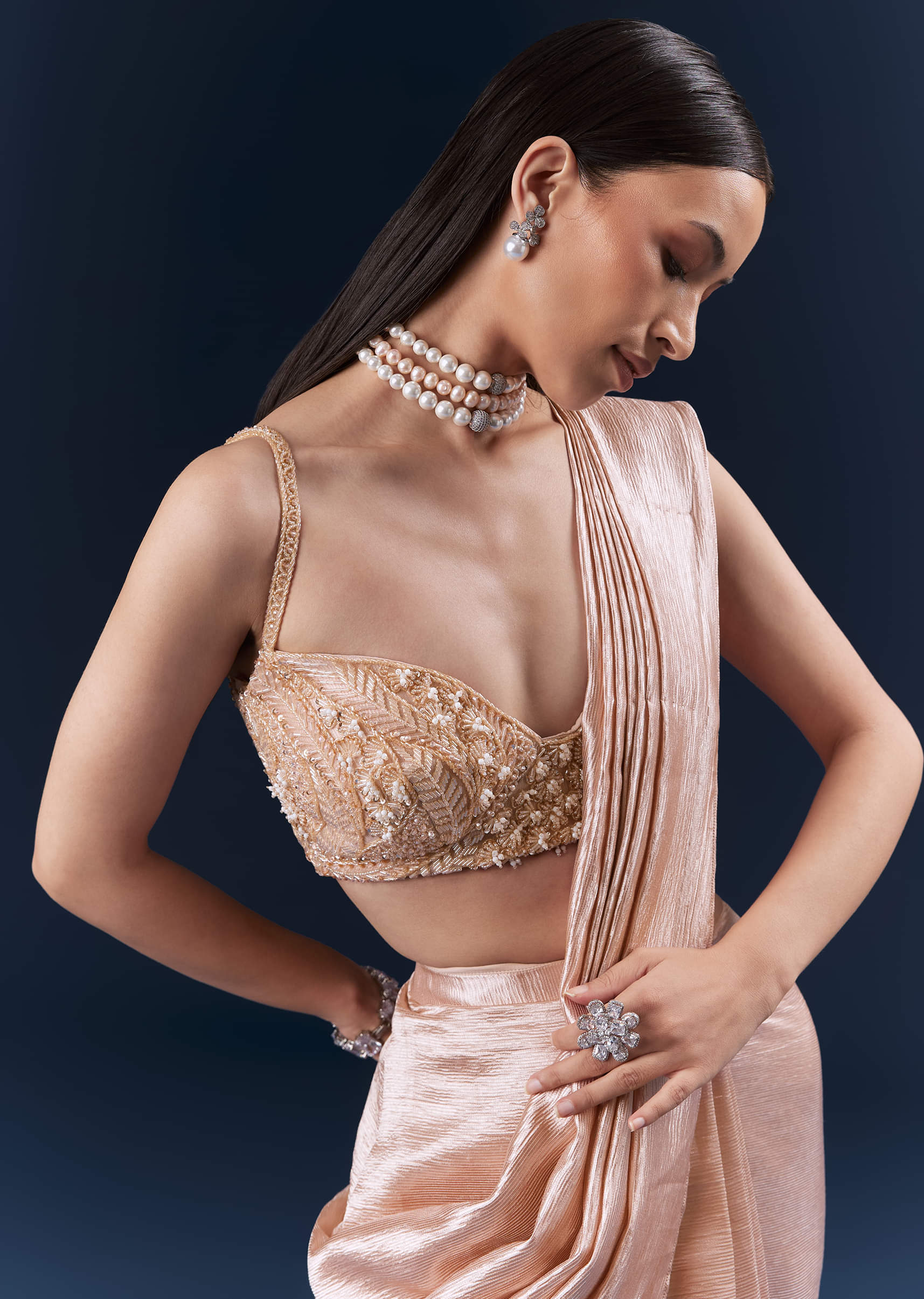 Peach Fancy Ready Pleated Saree With Embroidery - Image 5