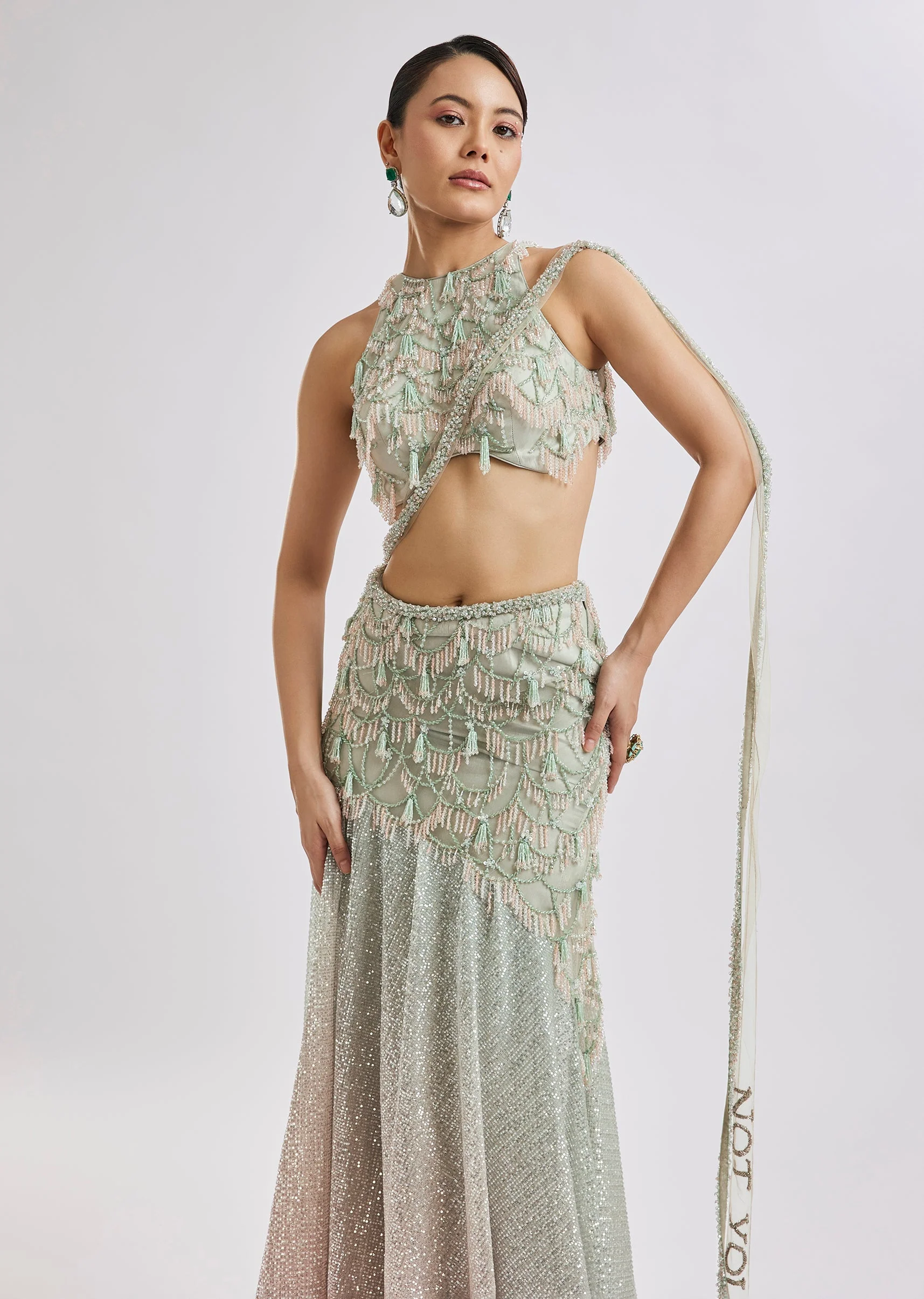 Peach Fish Cut Lehenga Set With Attached Dupatta - Image 5