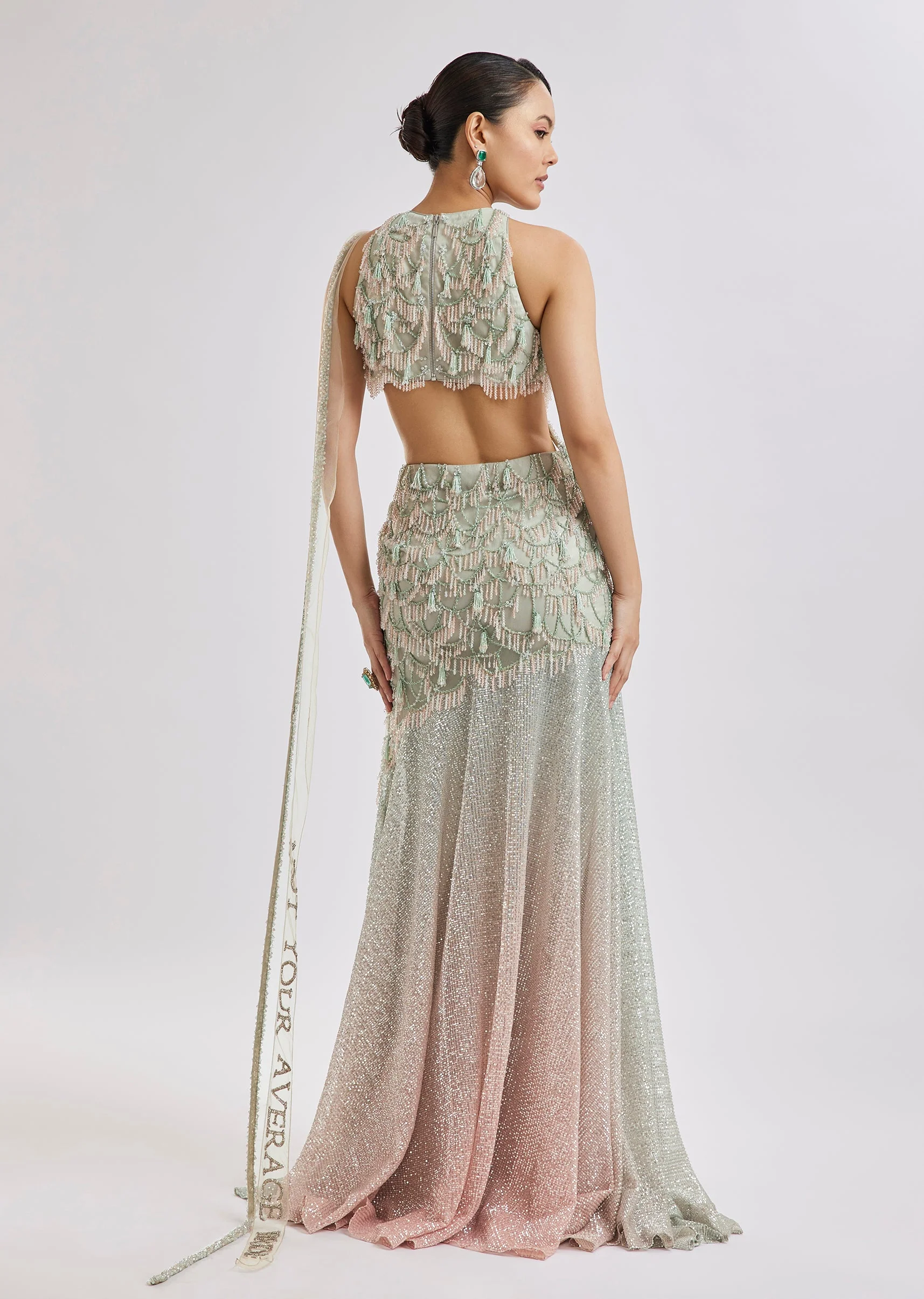 Peach Fish Cut Lehenga Set With Attached Dupatta - Image 6