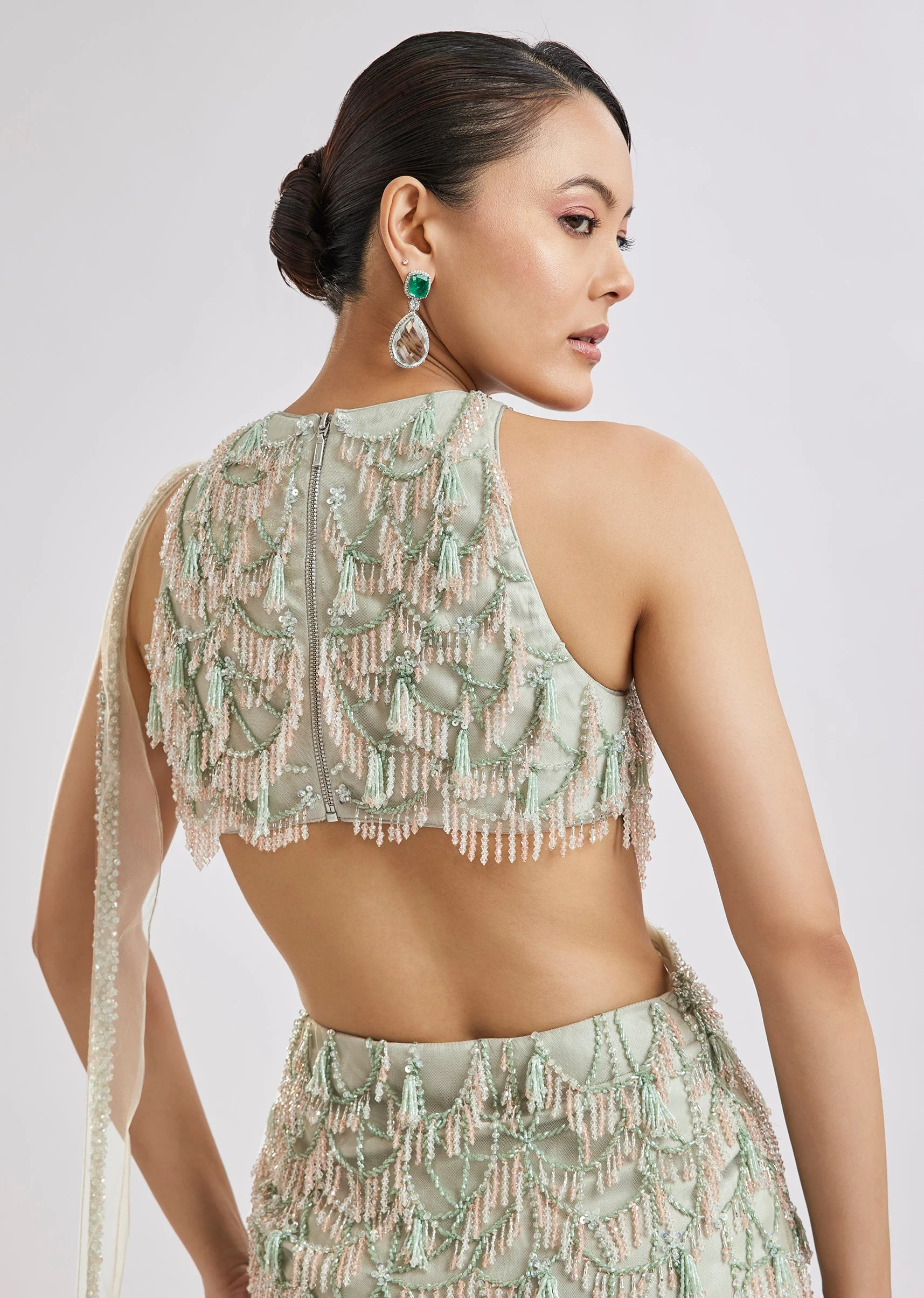 Peach Fish Cut Lehenga Set With Attached Dupatta - Image 7