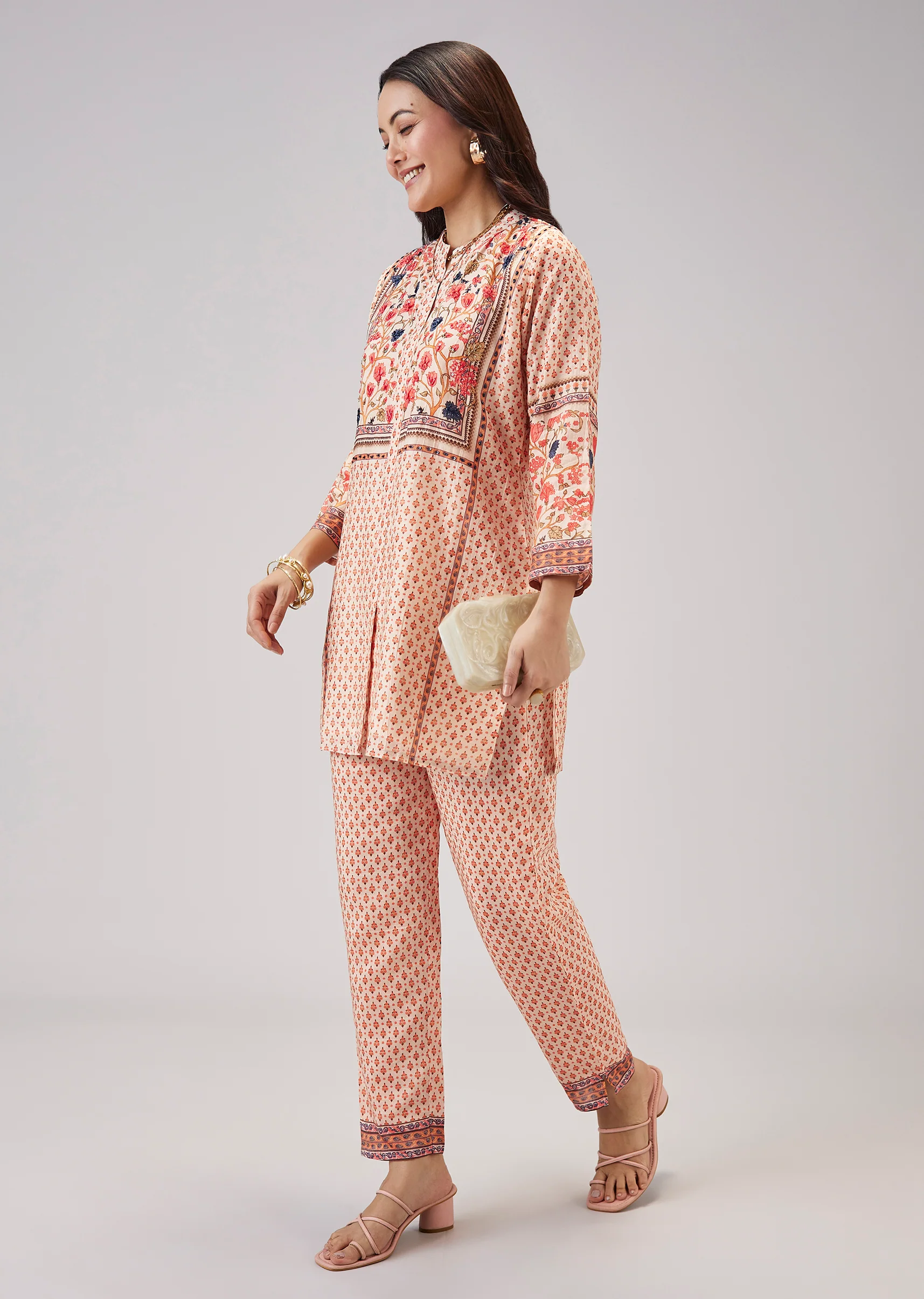 Peach Floral Co-ord Set With Cut Dana And Sequins Work - Image 3