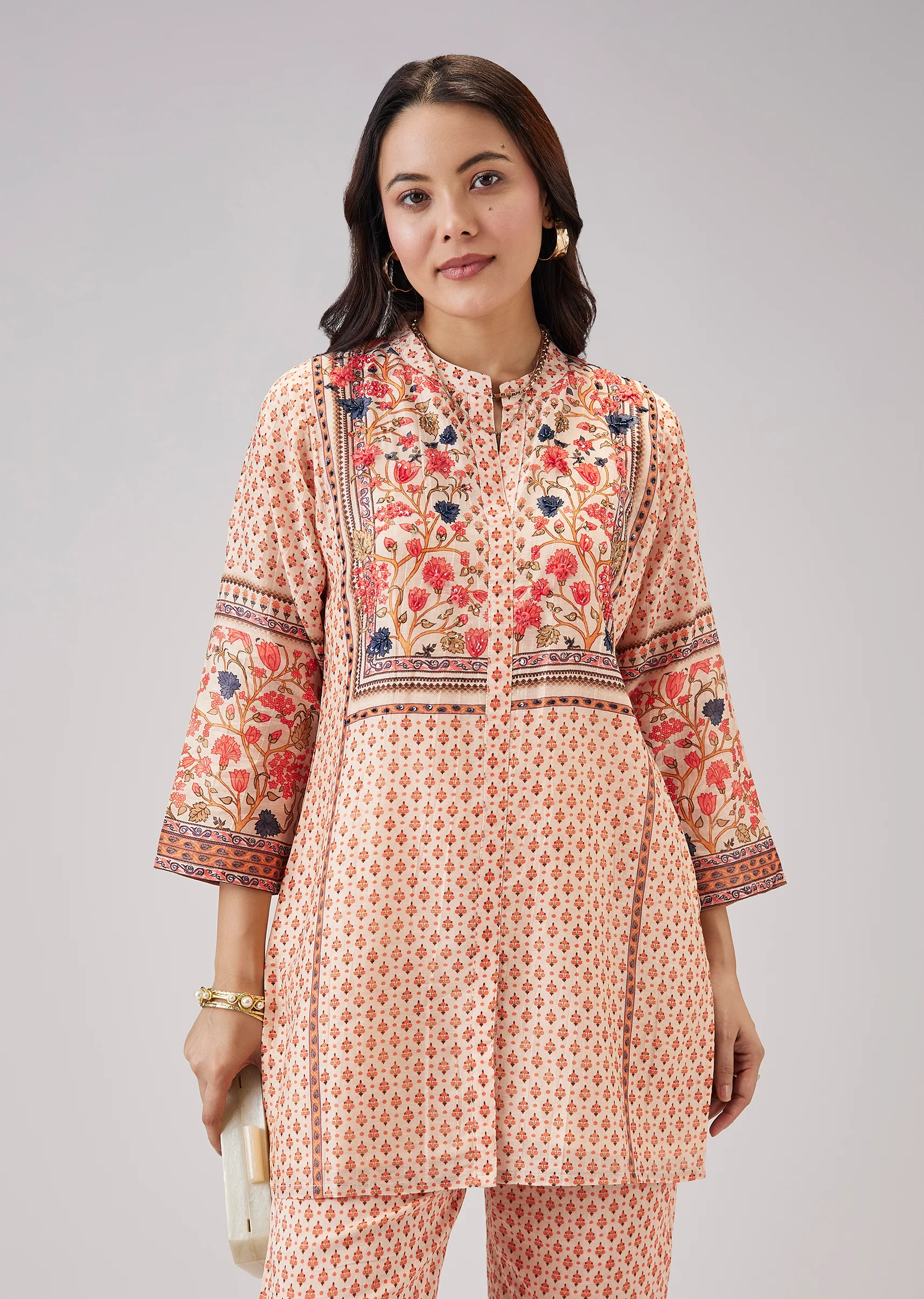 Peach Floral Co-ord Set With Cut Dana And Sequins Work - Image 4