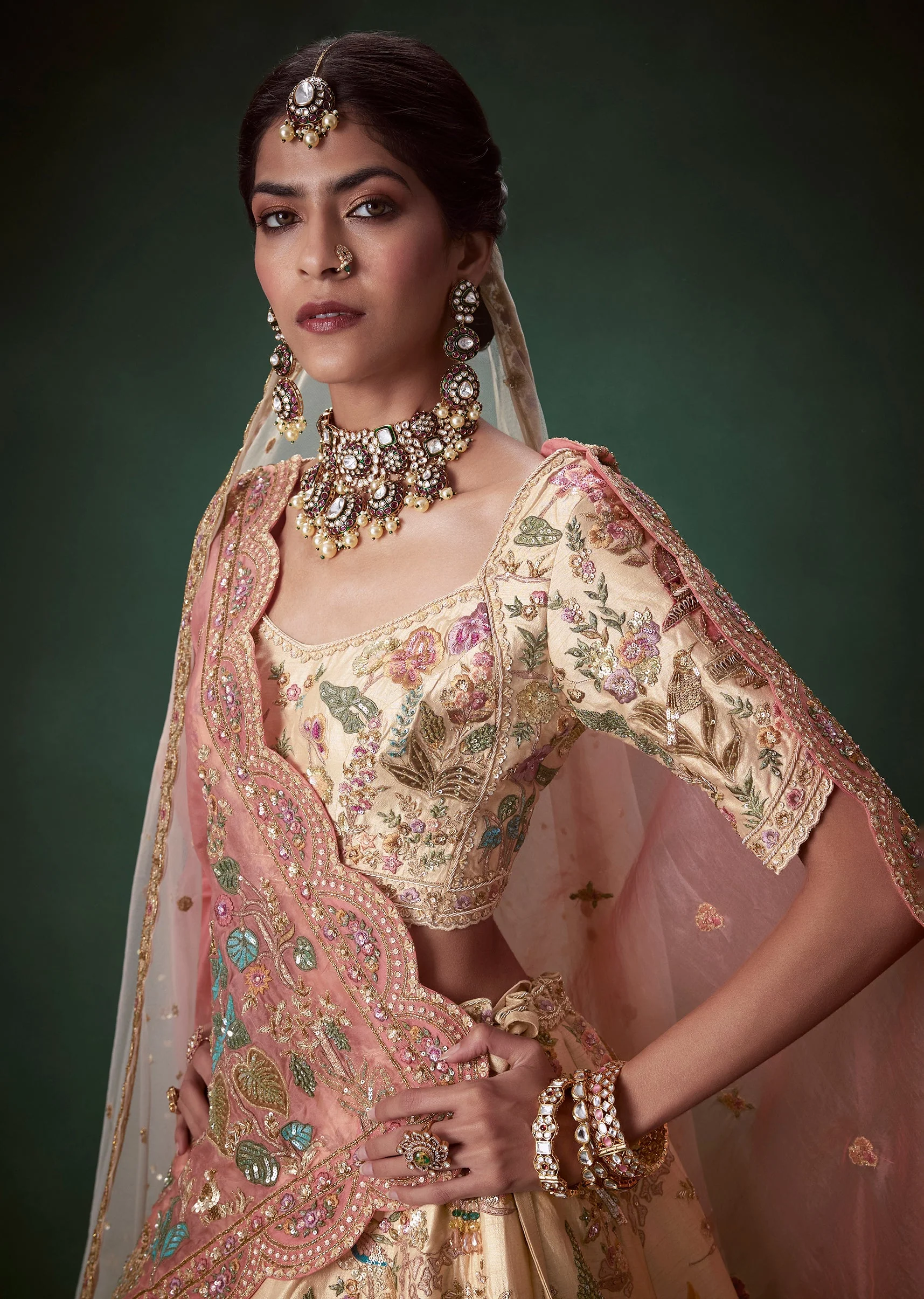 Peach Floral Embellished Bridal Lehenga Set - Image 3