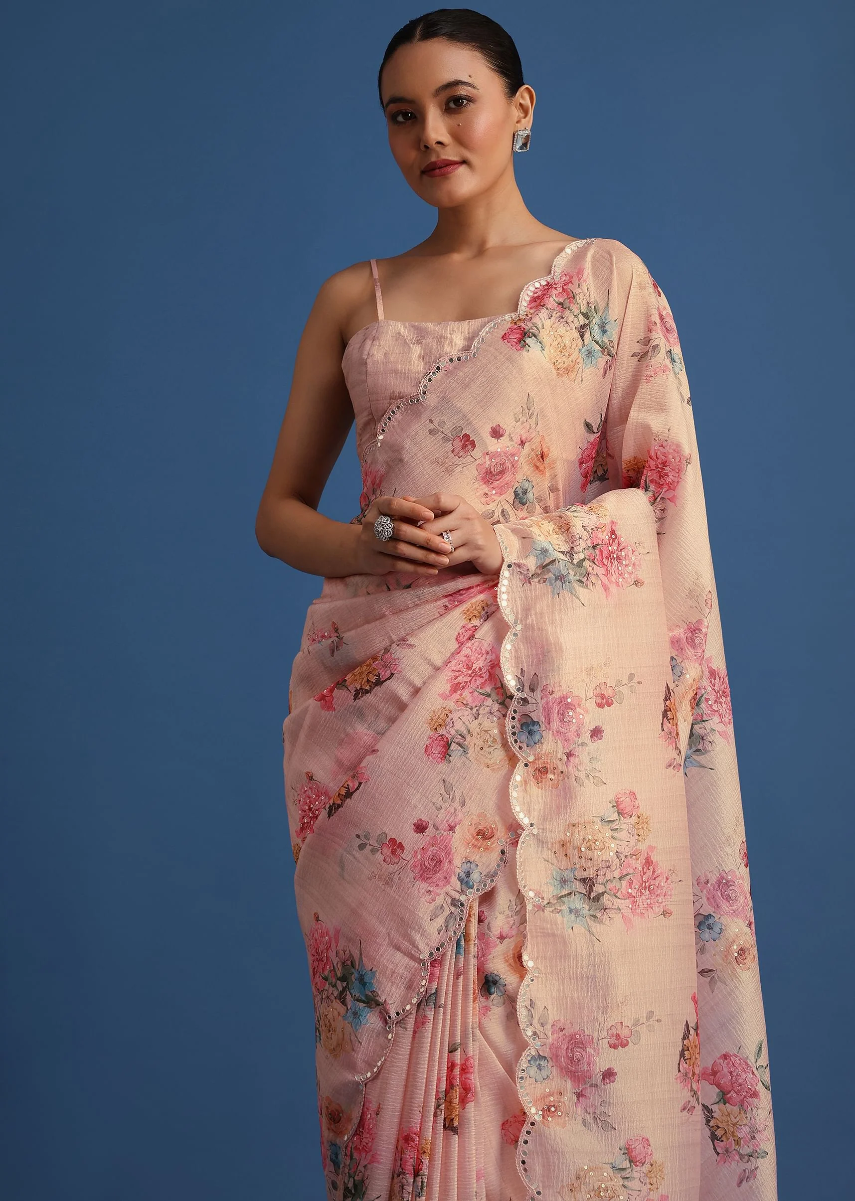 Peach Floral Printed Crushed Tissue Saree With Sequin And Mirror Work - Image 5