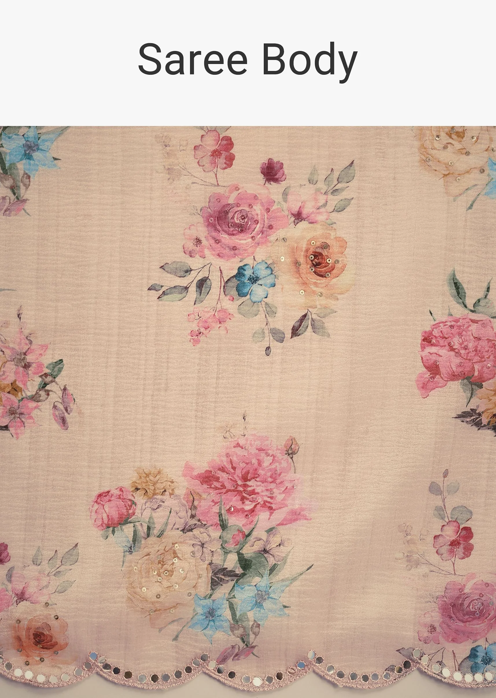 Peach Floral Printed Crushed Tissue Saree With Sequin And Mirror Work - Image 9