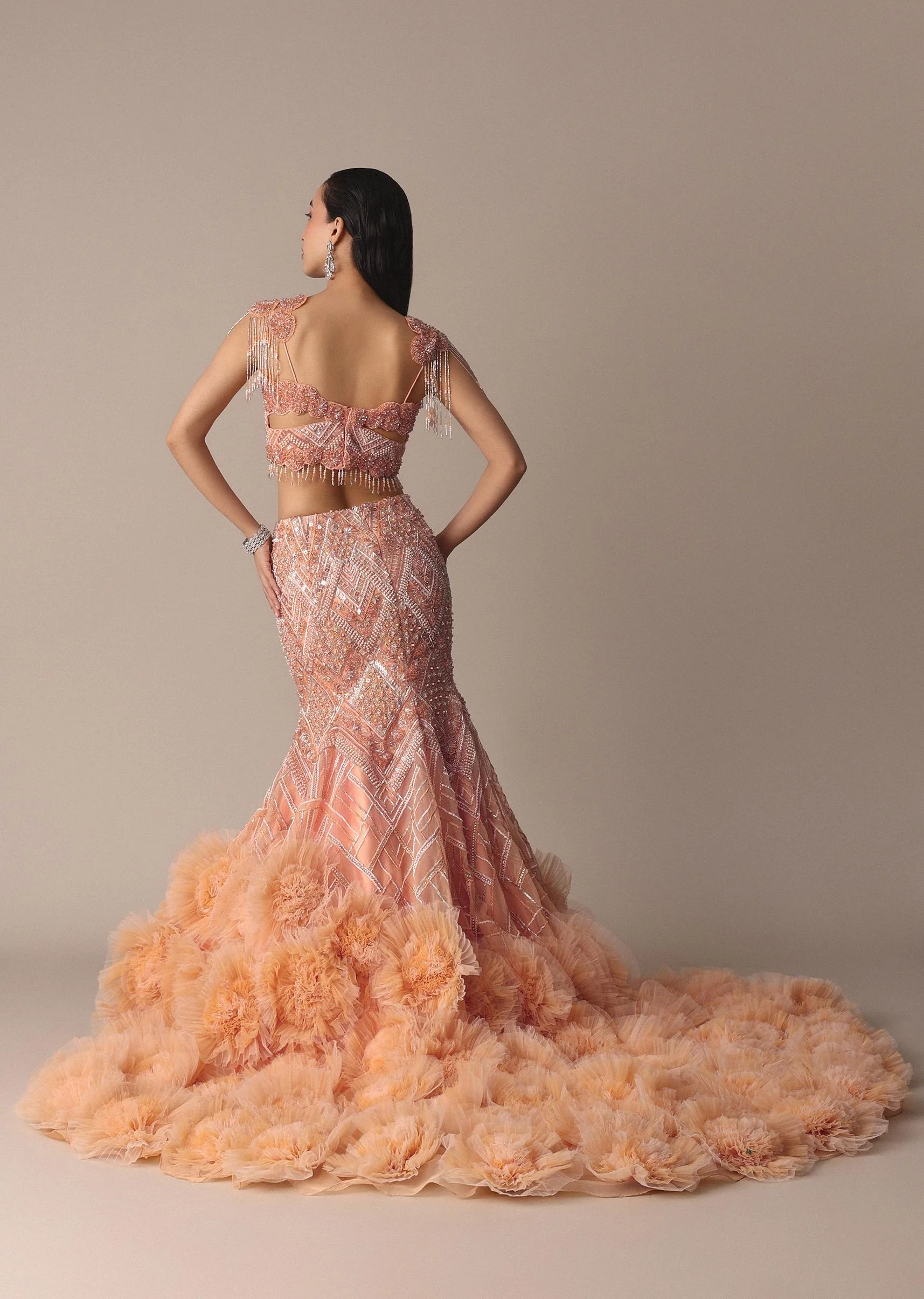 Peach Fish Cut Frill Lehenga Set With Trail Dupatta And Tassels - Image 3