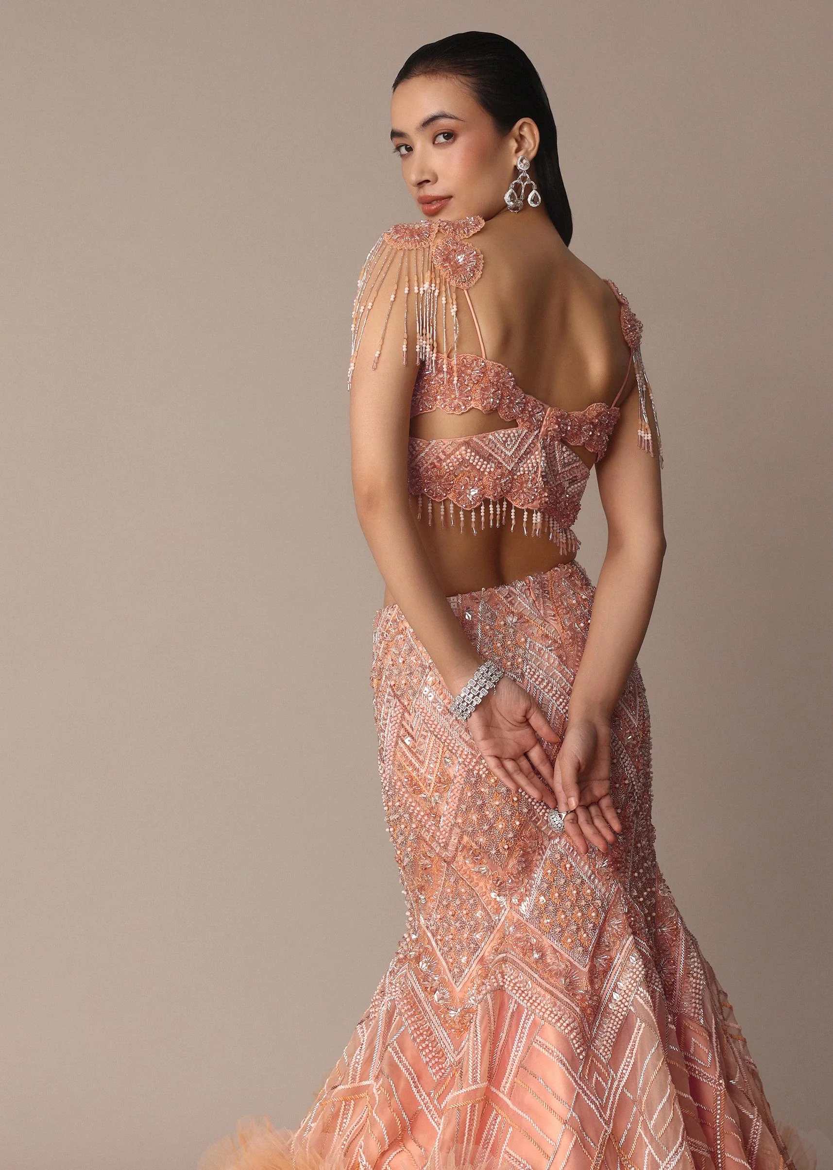 Peach Fish Cut Frill Lehenga Set With Trail Dupatta And Tassels - Image 8