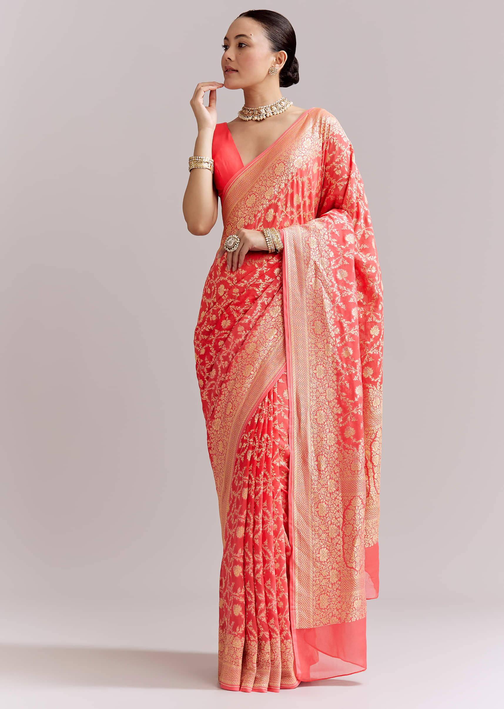 Peach Georgette Woven Saree With Floral Jaal And Heavy Border - Image 10