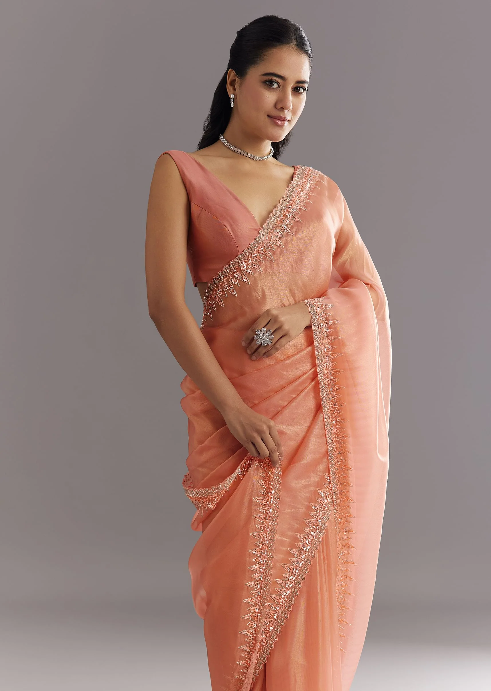 Peach Glass Tissue Saree With Cutdana Sequins Embroidery And Cutwork Scallop Border - Image 5