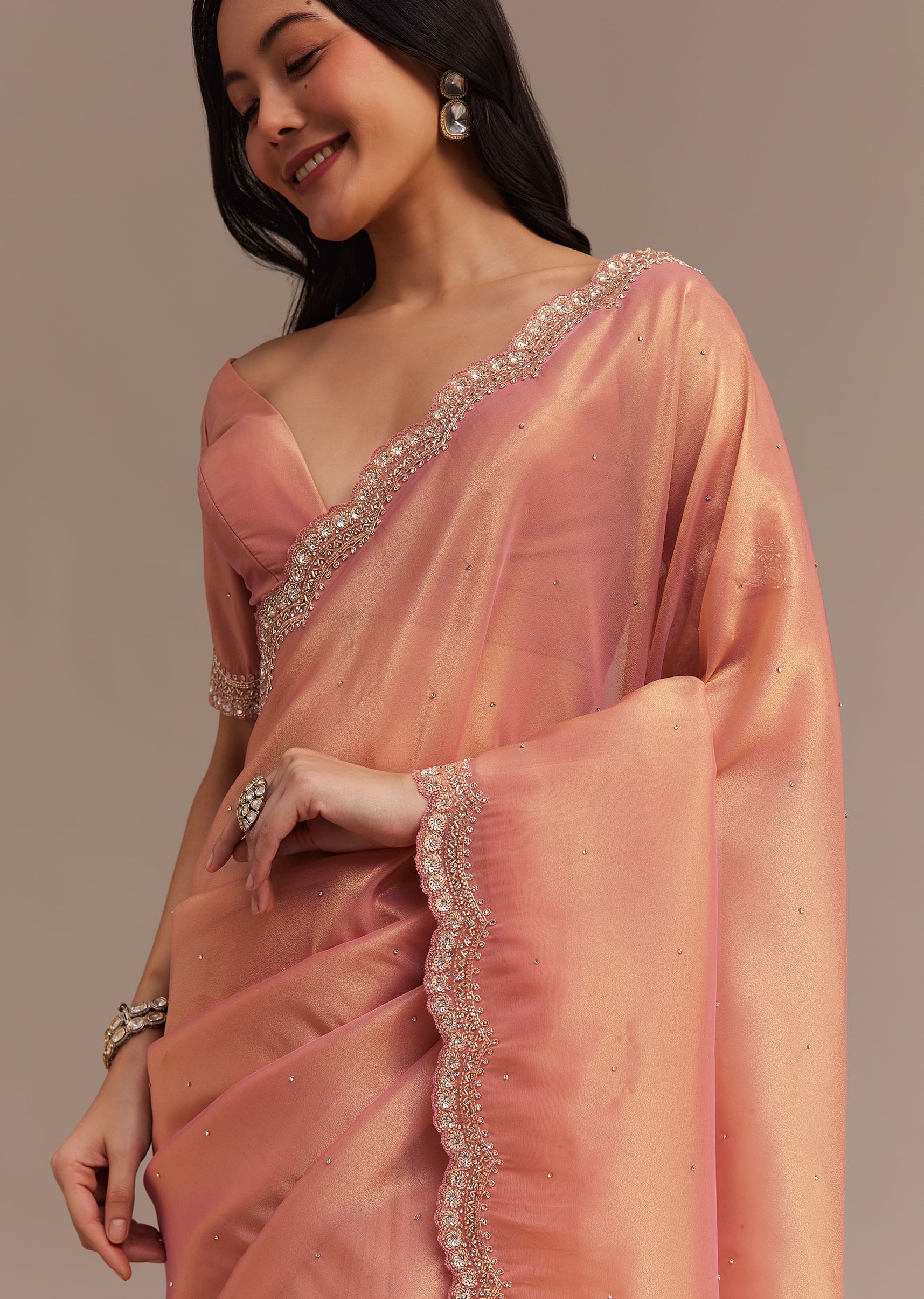 Peach Glass Tissue Saree With Stone And Cutdana Embroidery - Image 3