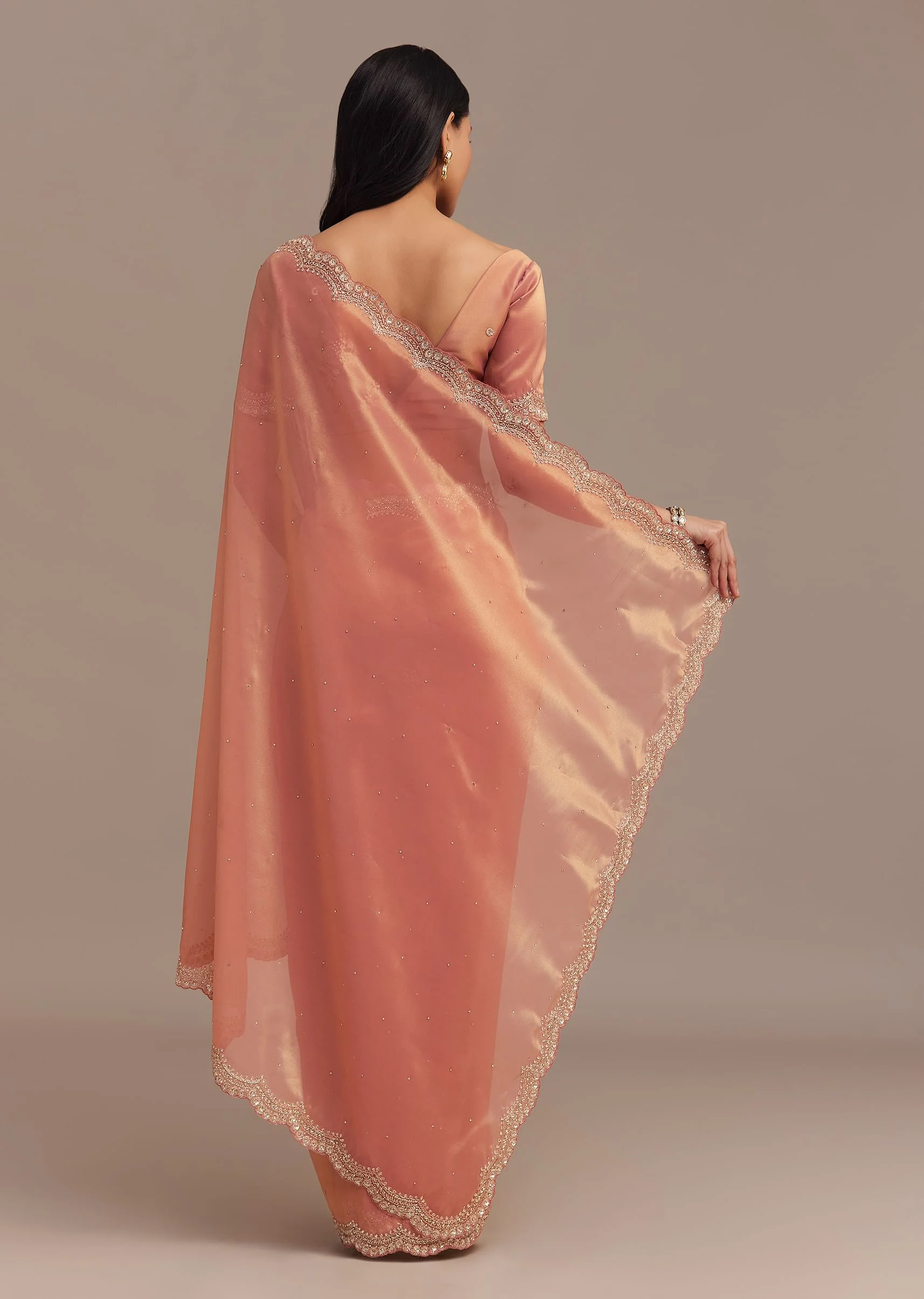 Peach Glass Tissue Saree With Stone And Cutdana Embroidery - Image 4