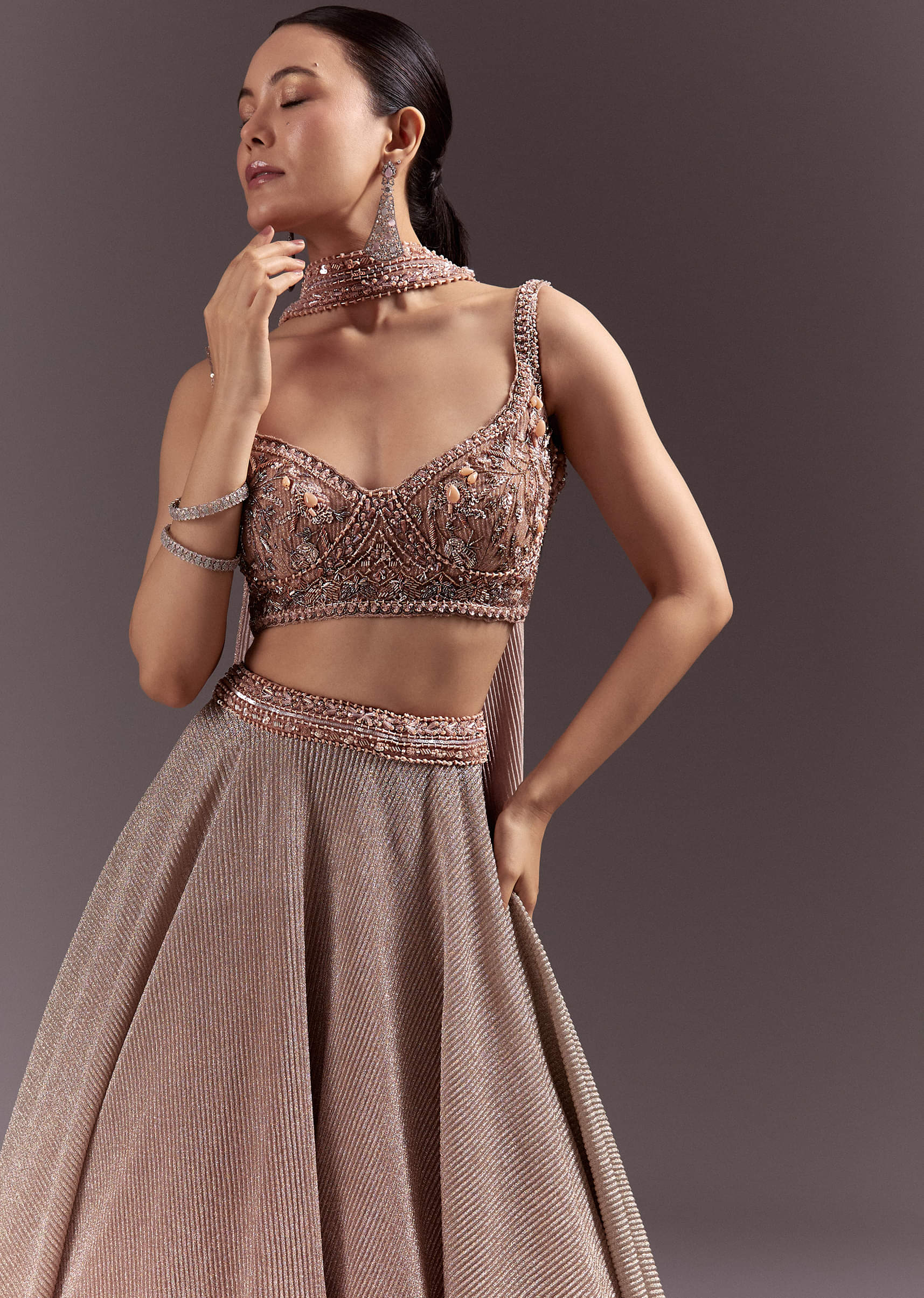 Peach Gold Embroidered Circular Lehenga Dupatta Set - Image 4