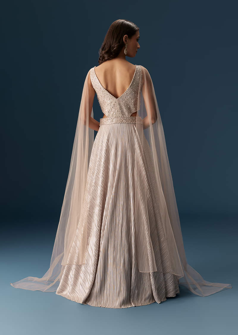 Peach Gown With Fully Embroidered Yoke And Feather Embellished Shoulders - Image 2