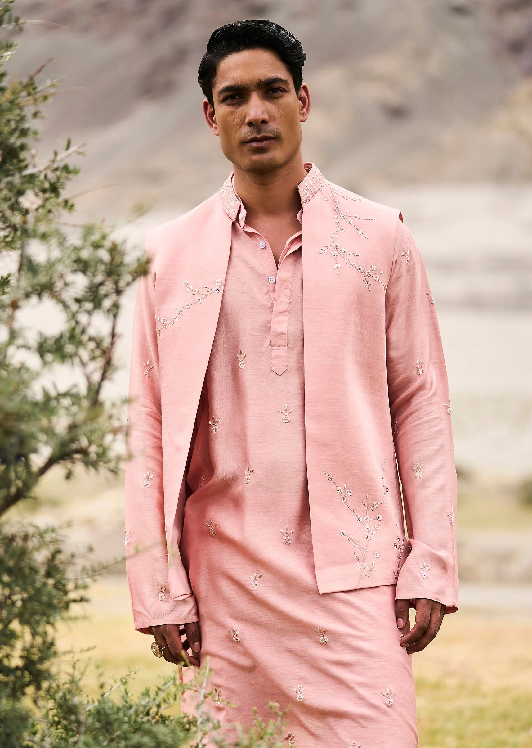 Peach Hand Embroidered Linen Bandi Kurta Set - Image 3