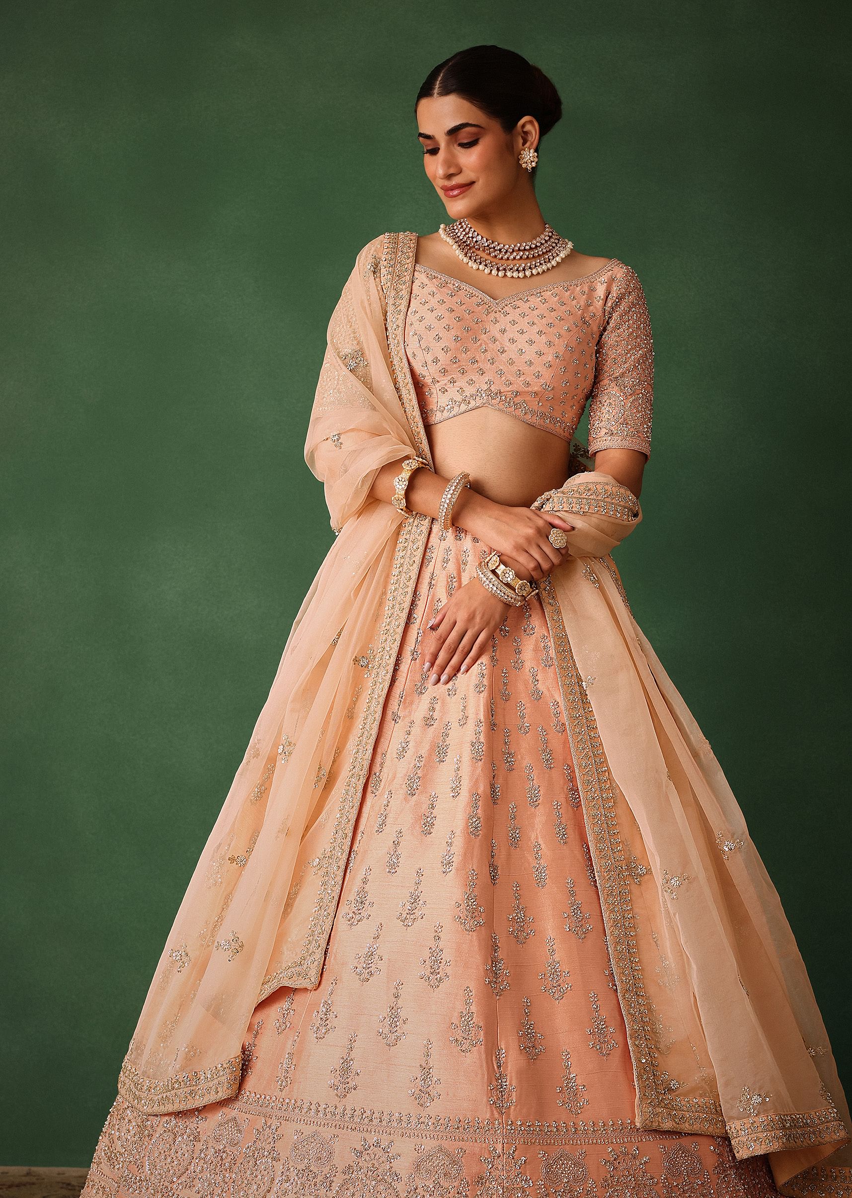 Peach Hand Embroidered Raw Silk Lehenga Set With Butti Work - Image 2