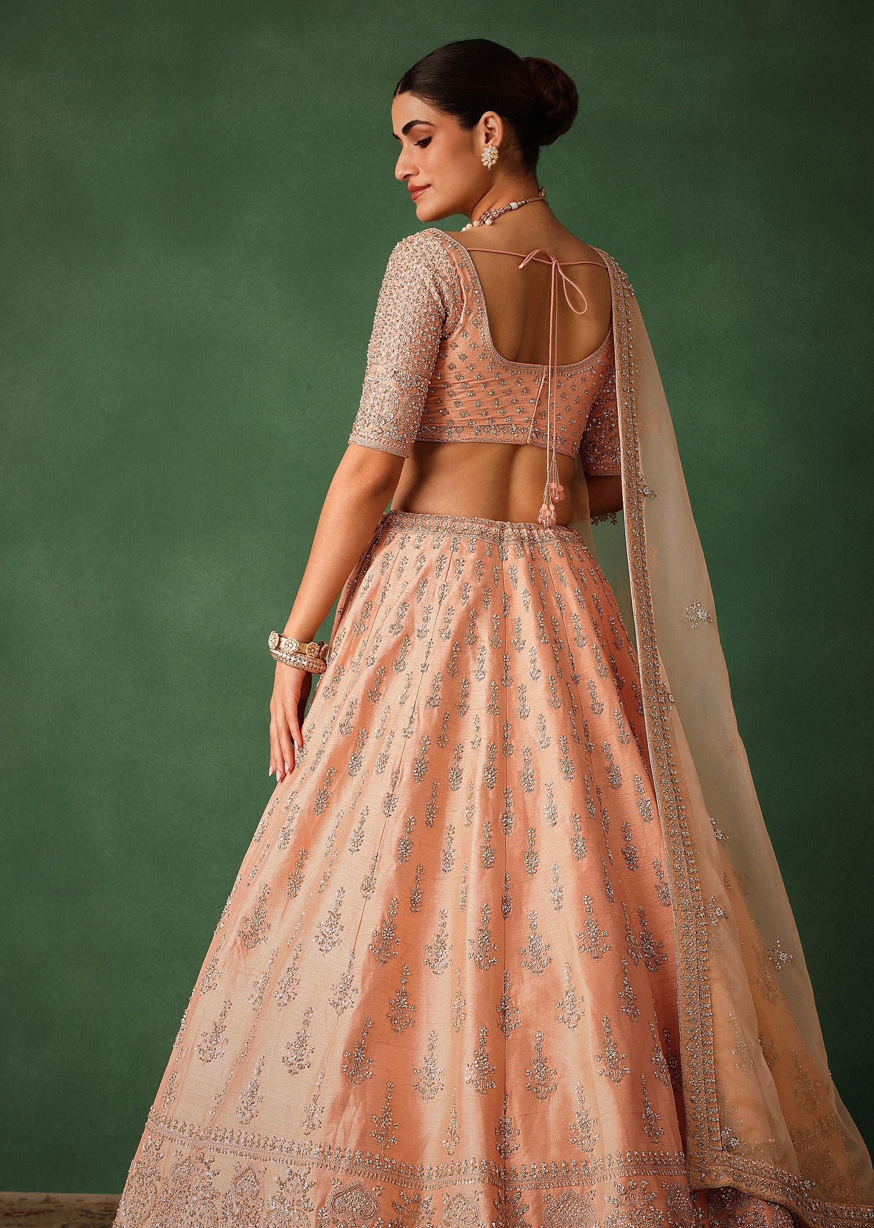 Peach Hand Embroidered Raw Silk Lehenga Set With Butti Work - Image 4
