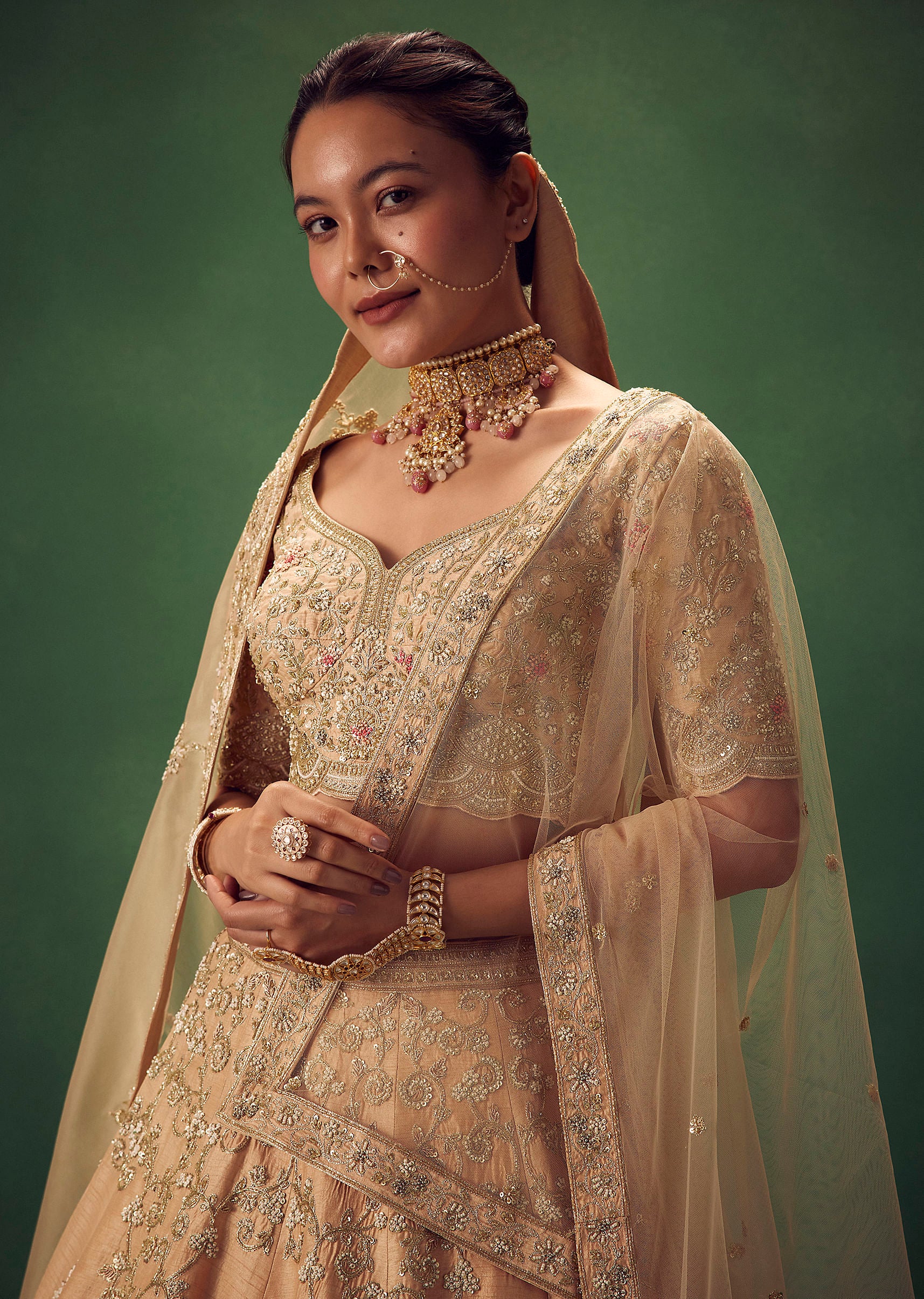 Peach Hand Embroidered Sequin And Zari Work Lehenga Set - Image 2