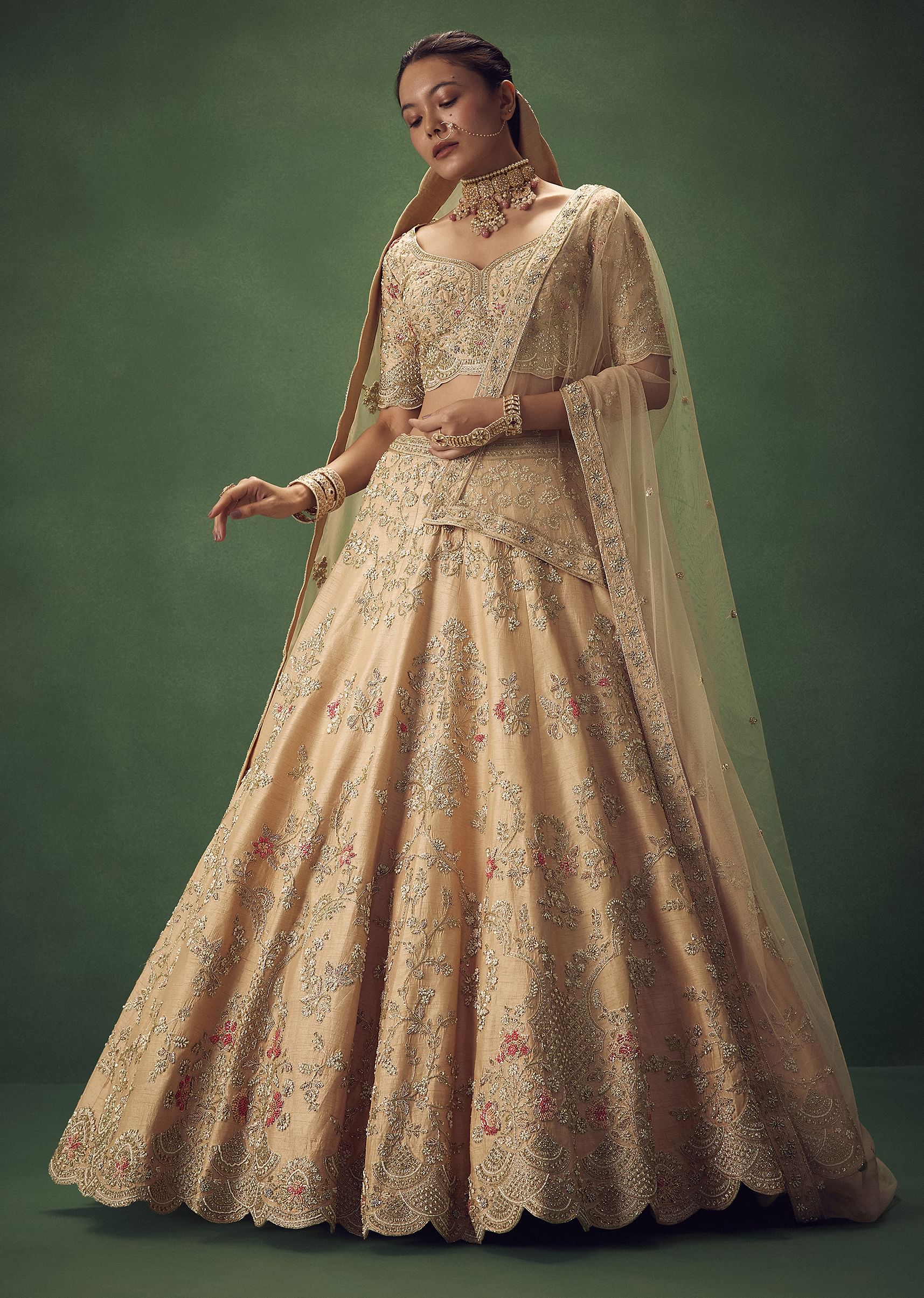 Peach Hand Embroidered Sequin And Zari Work Lehenga Set - Image 3