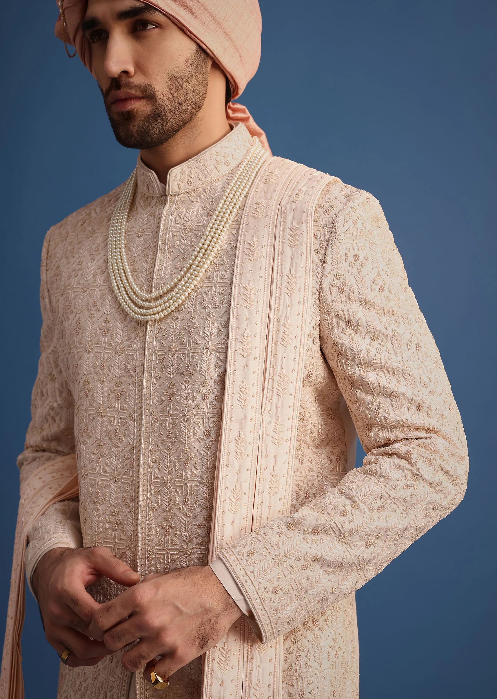 Peach Heavy Hand Embroidered Sherwani Suit - Image 2
