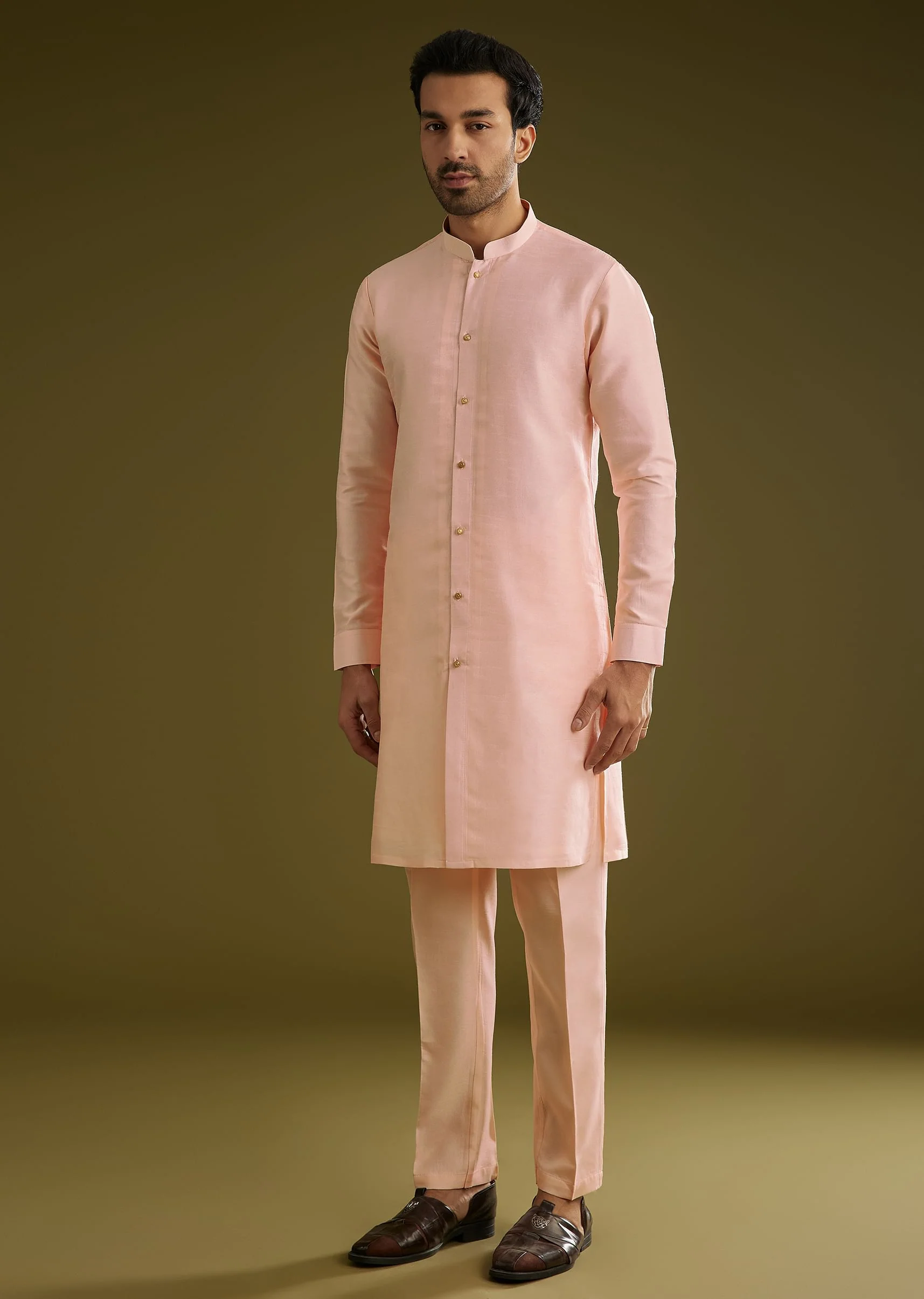 Peach Kurta Jacket Set In Cotton Silk With Embroidery Thread Work - Image 6