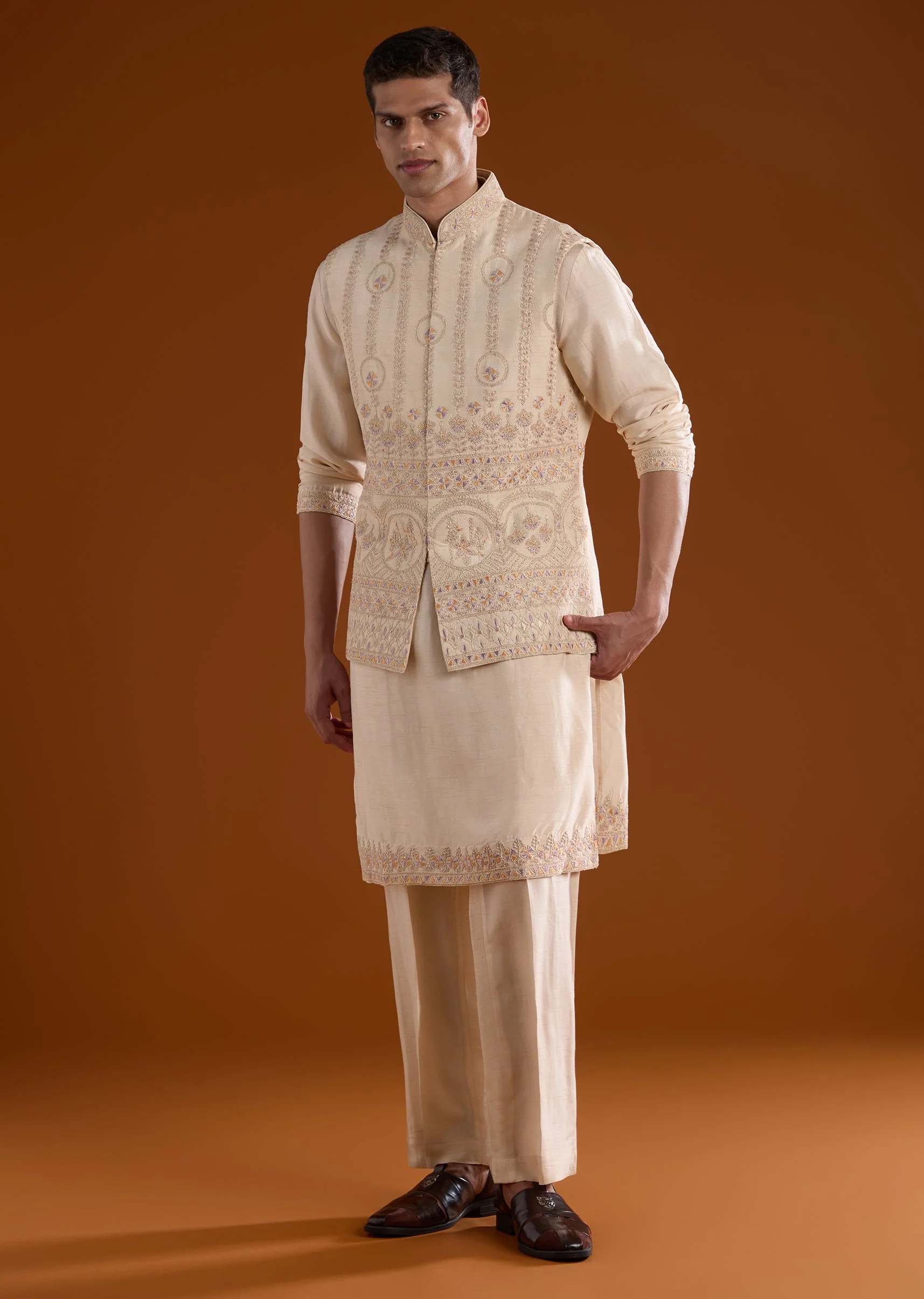 Peach Kurta Jacket Set With Dori And Thread Detail Work - Image 2