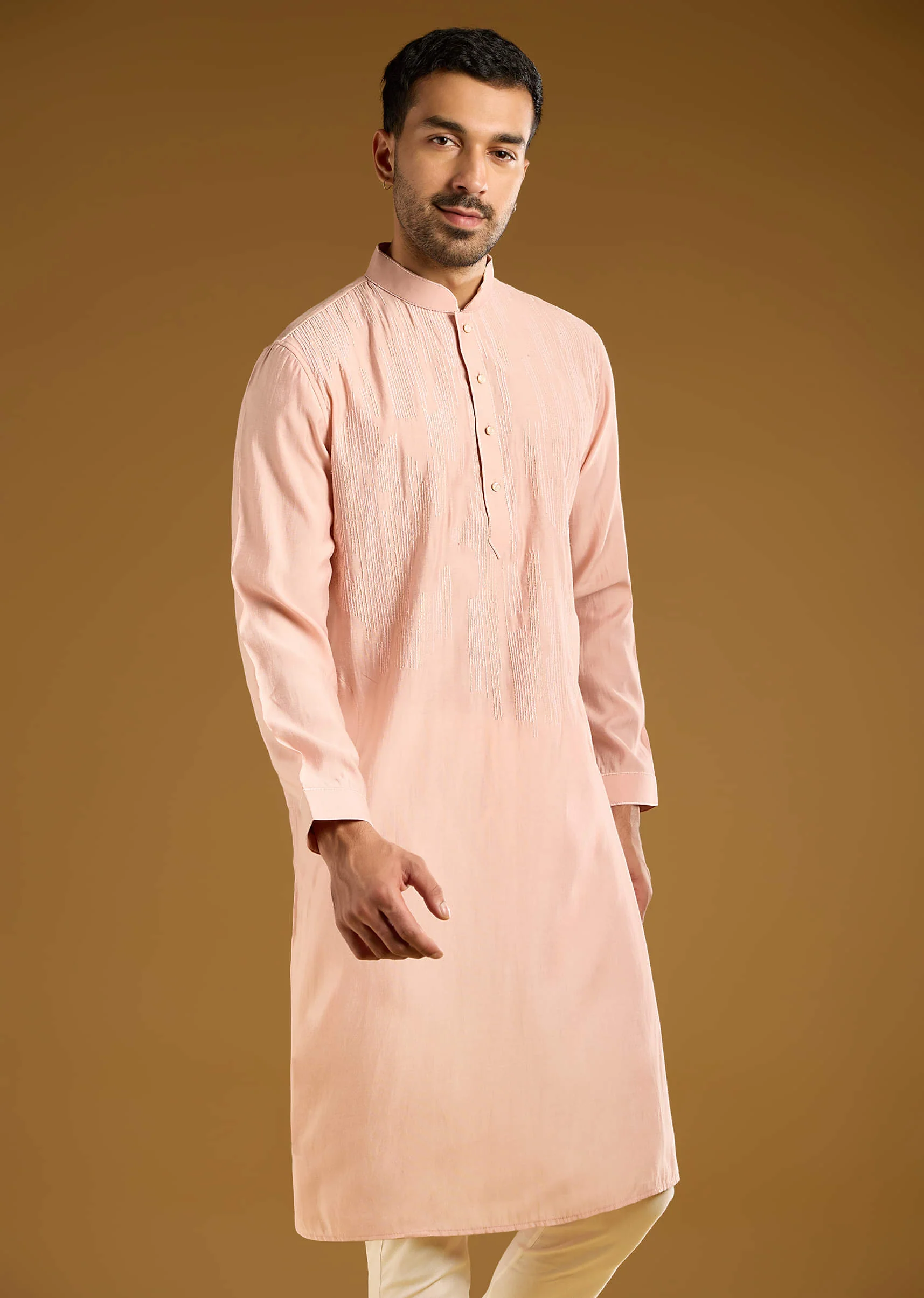 Peach Kurta Set For Men With Thread Embroidery - Image 3