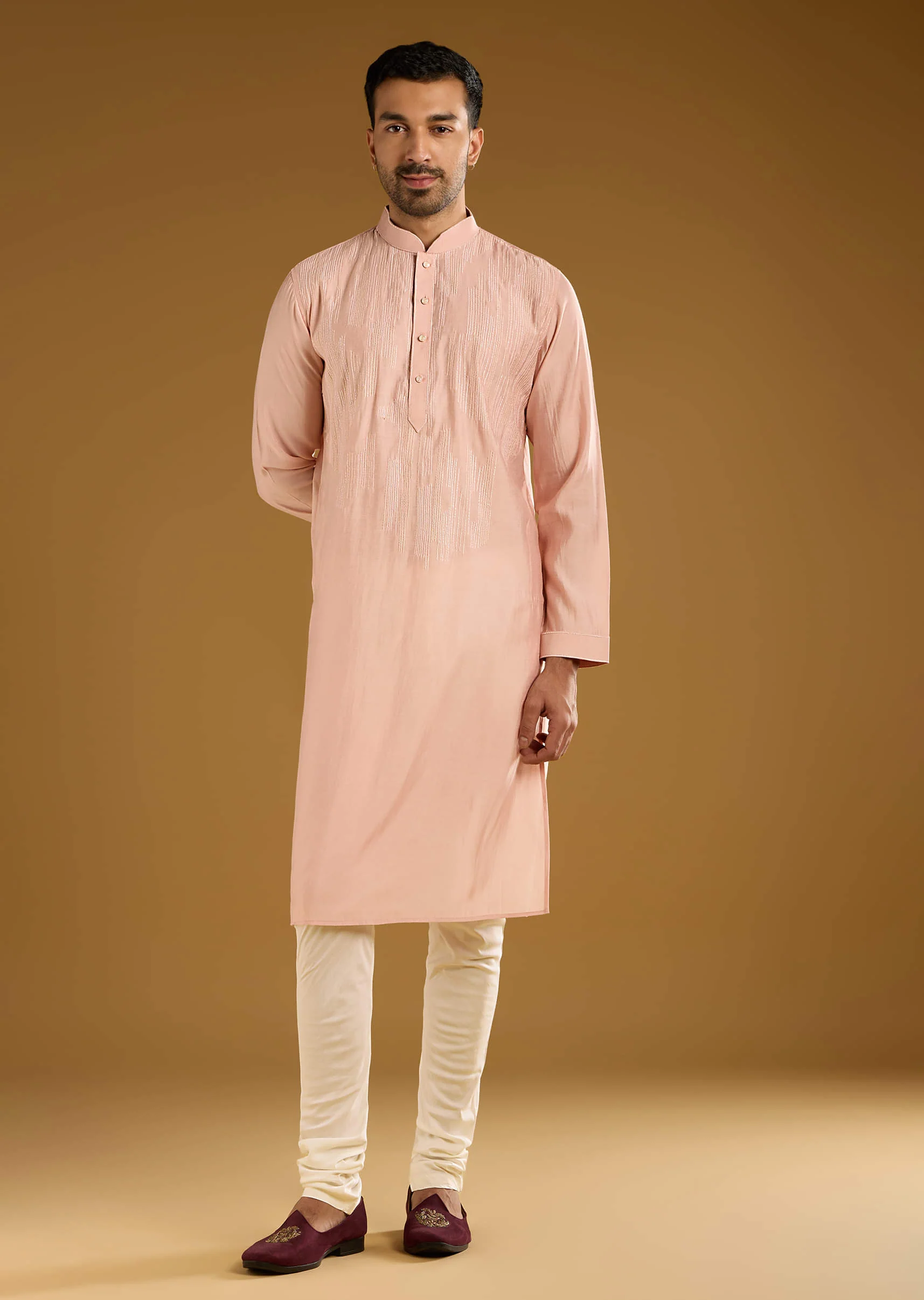 Peach Kurta Set For Men With Thread Embroidery - Image 4