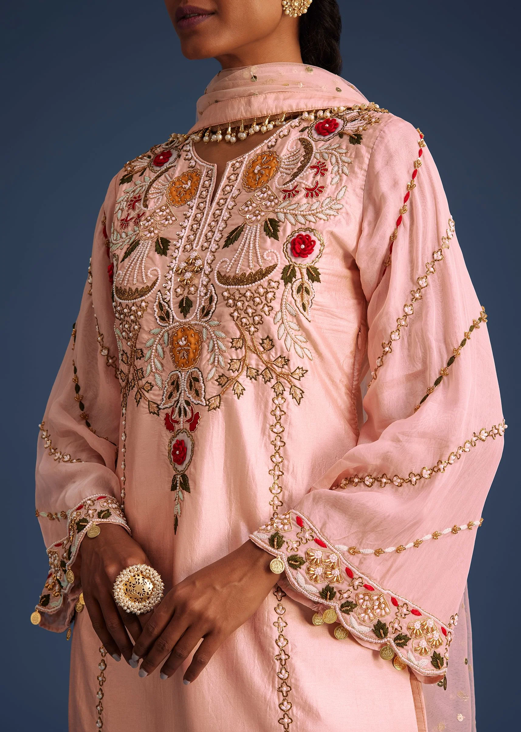 Peach Kurta Set With Zardosi And Sequin Embroidery - Image 2