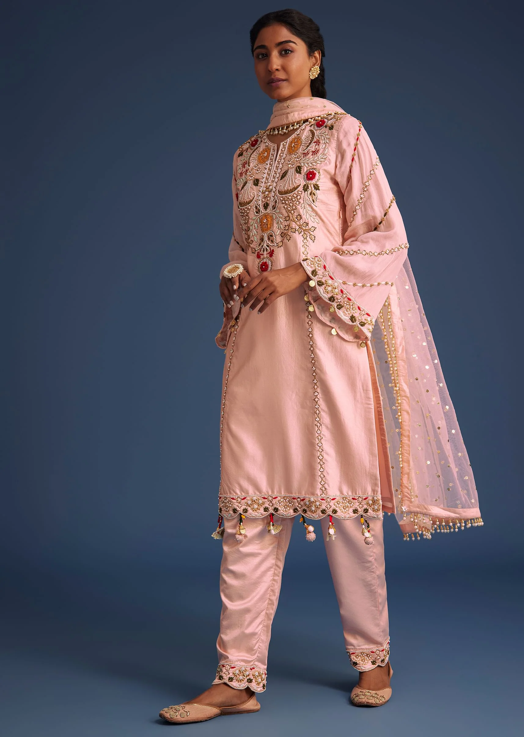 Peach Kurta Set With Zardosi And Sequin Embroidery - Image 3