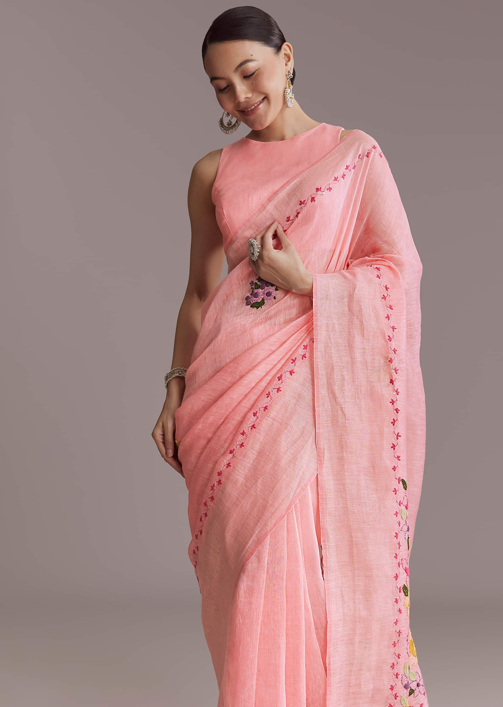 Peach Linen Handwoven Saree With Resham Embroidery - Image 5