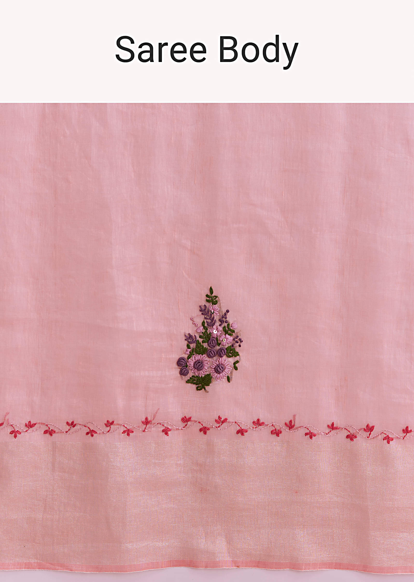 Peach Linen Handwoven Saree With Resham Embroidery - Image 9
