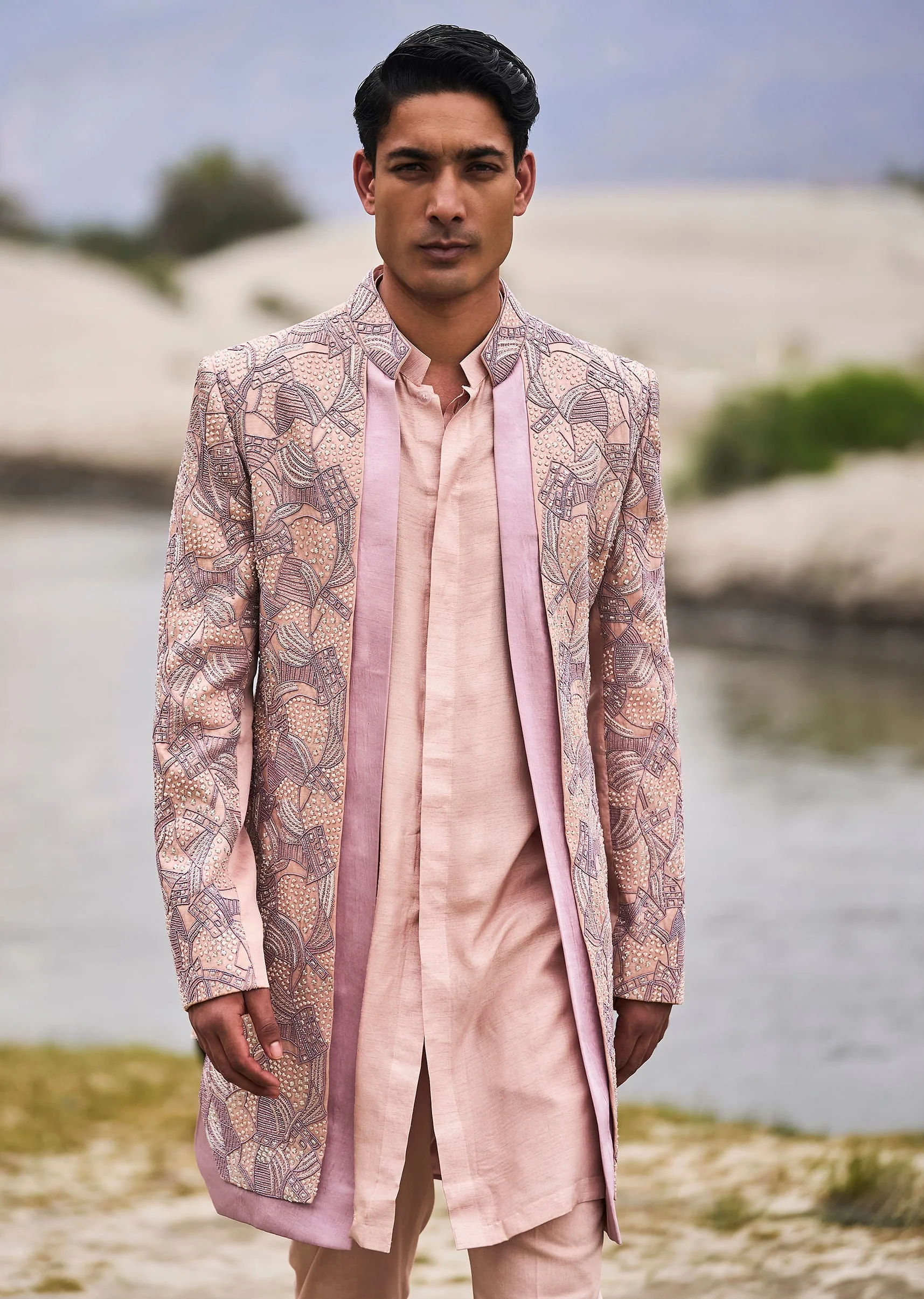 Peach Linen Sherwani With Hand Embroidery - Image 2