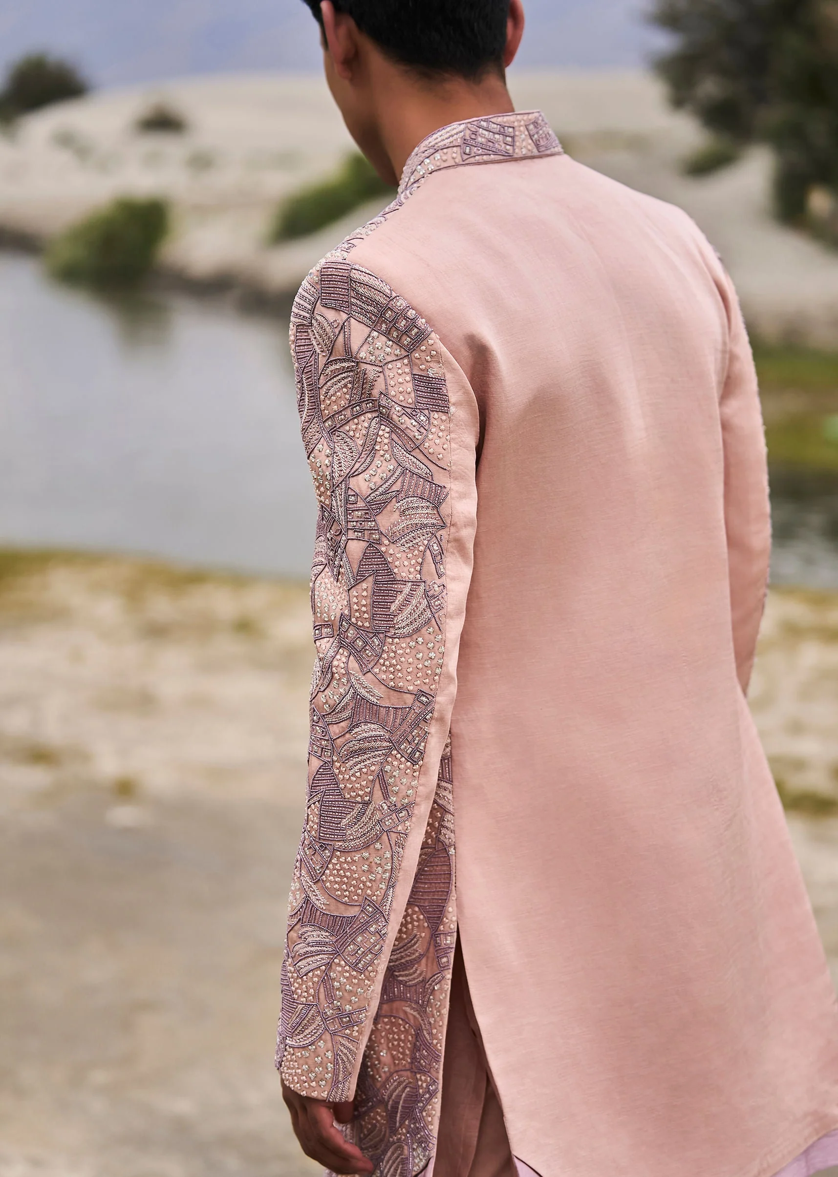 Peach Linen Sherwani With Hand Embroidery - Image 4