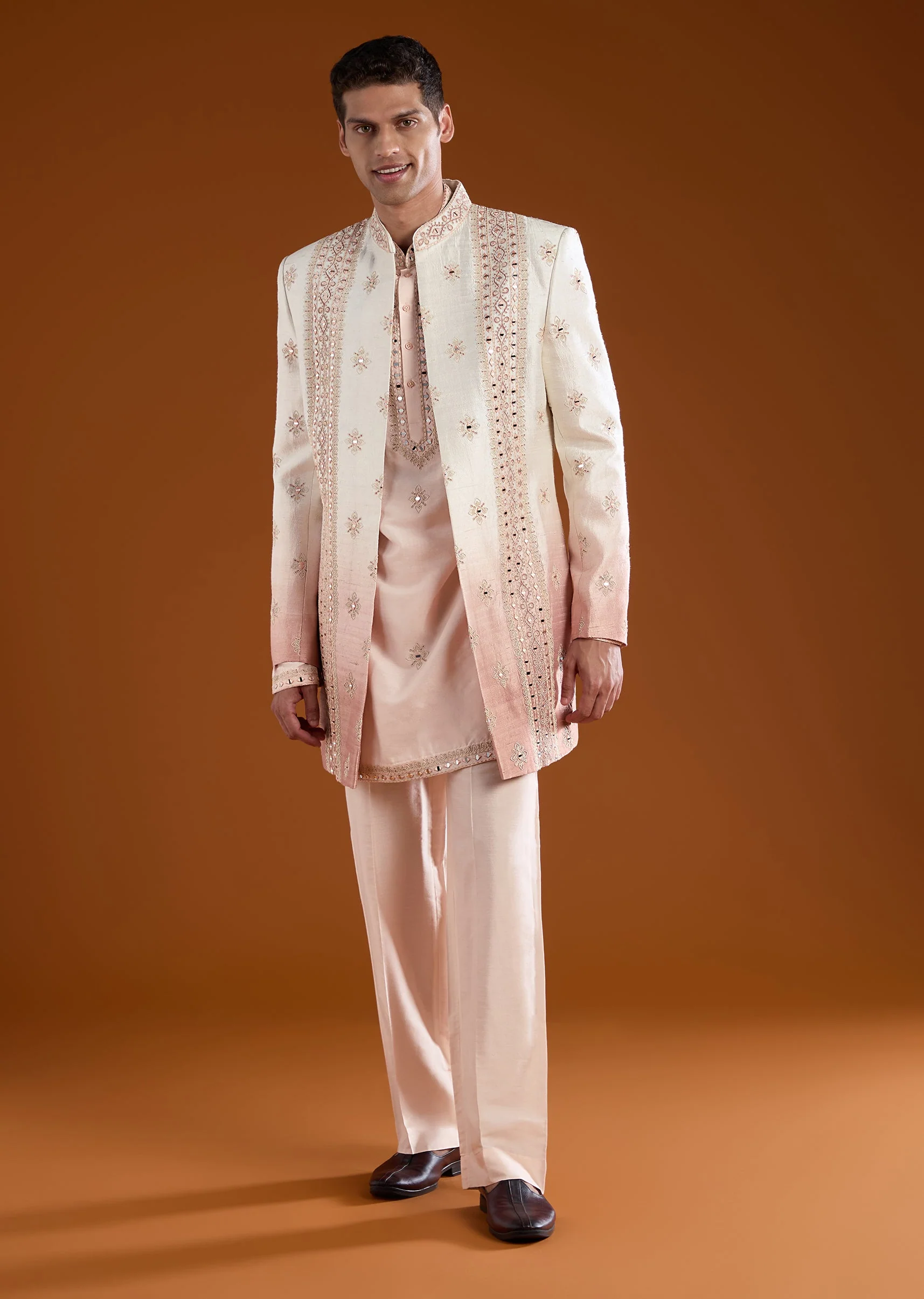 Peach Mens Indowestern Kurta Pant Set