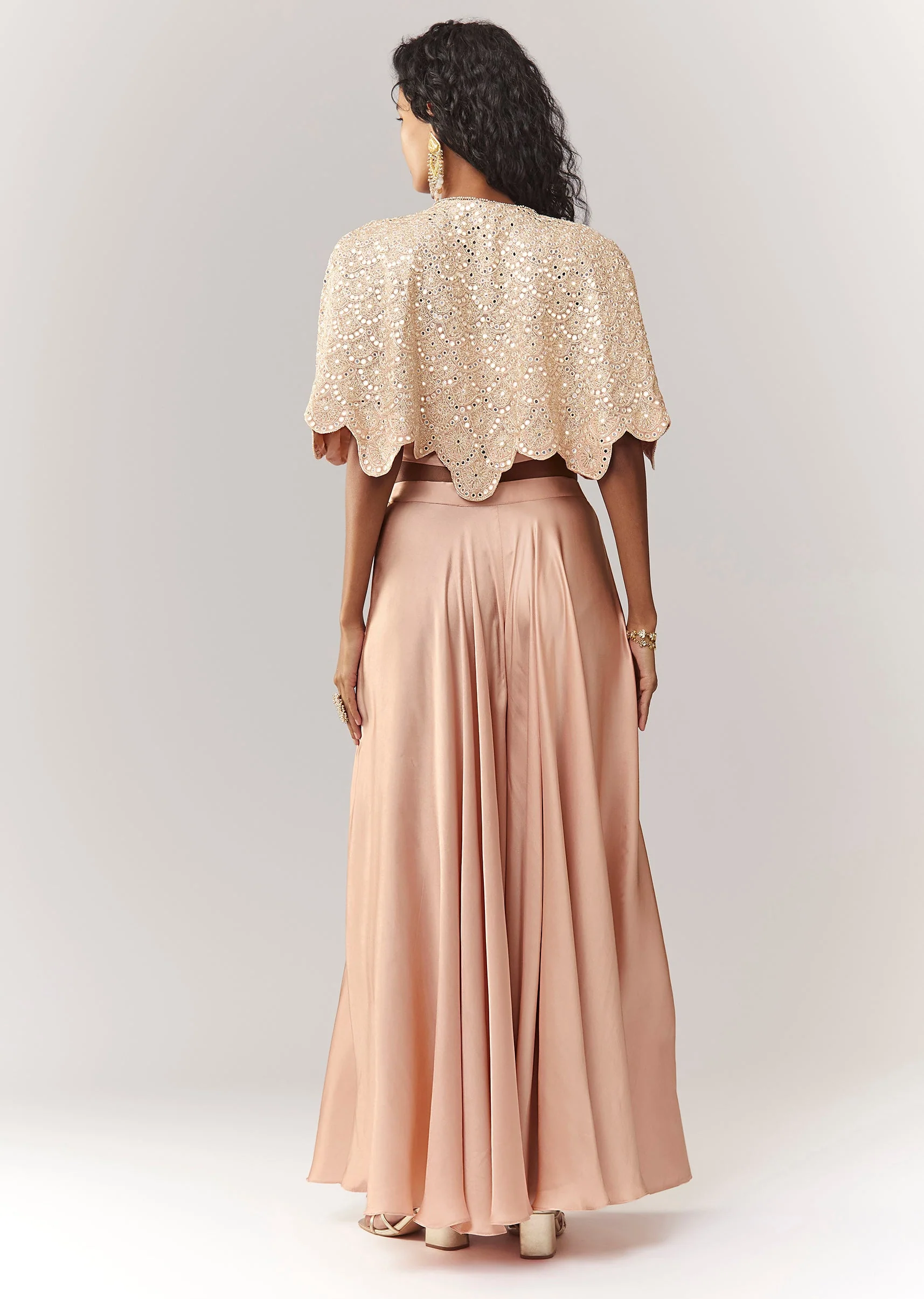 Peach Mirror And Cutdana Work Cape Set With Palazzo - Image 5